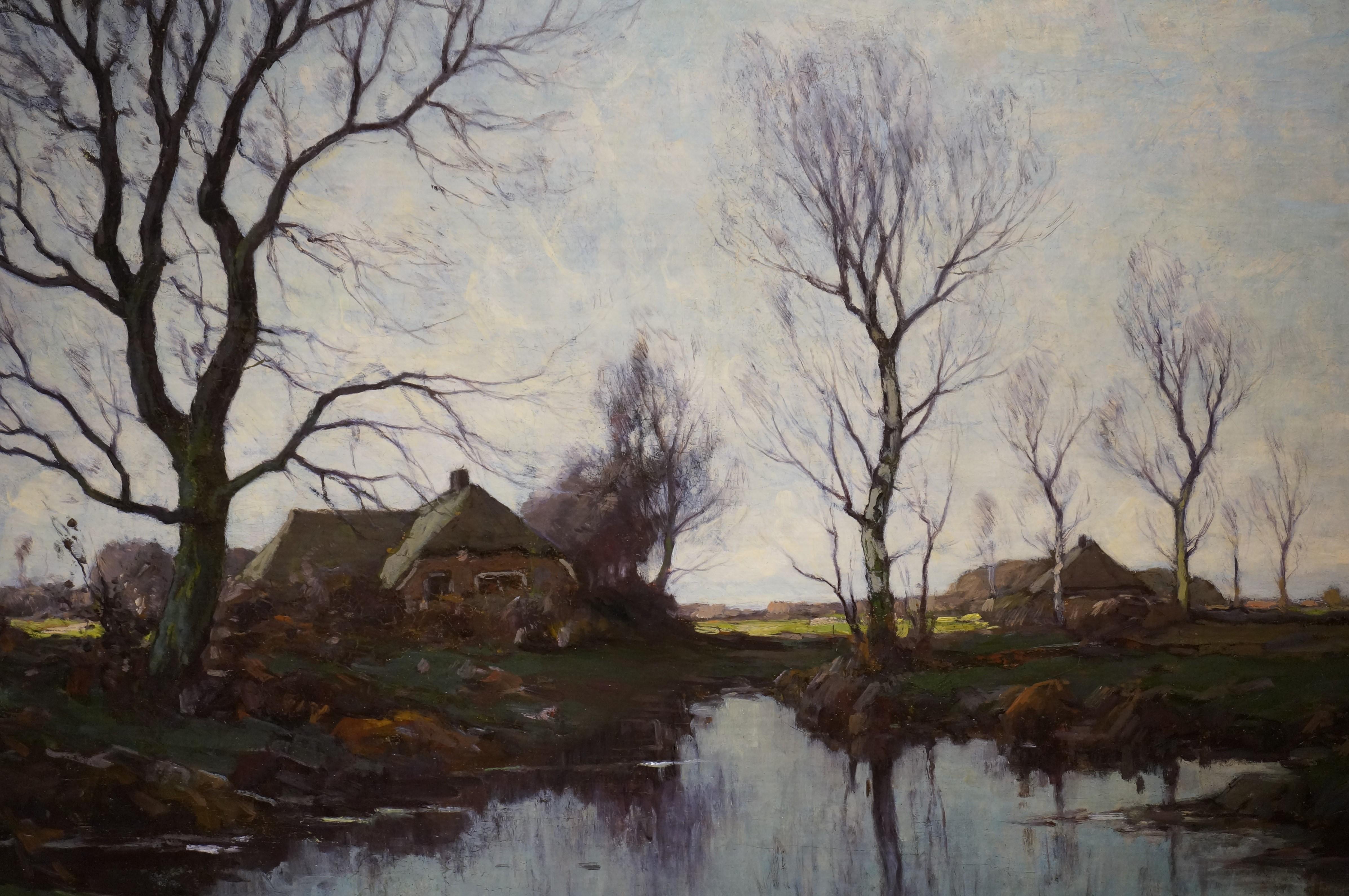 Antique oil painting, Dutch Landscape with farmhouses, related to Hague School - Painting by Paul Bodifée