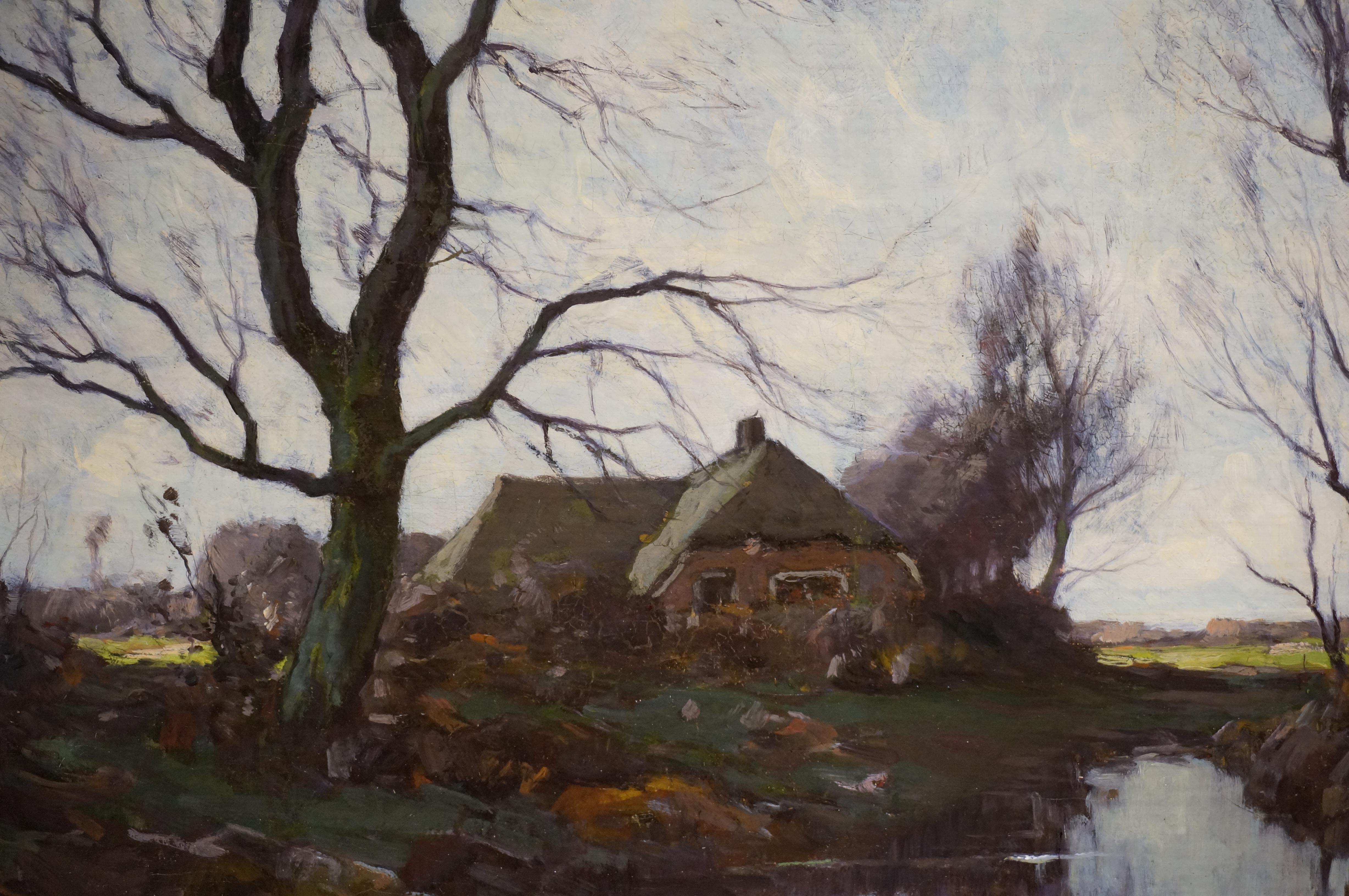 Antique oil painting, Dutch Landscape with farmhouses, related to Hague School - Impressionist Painting by Paul Bodifée