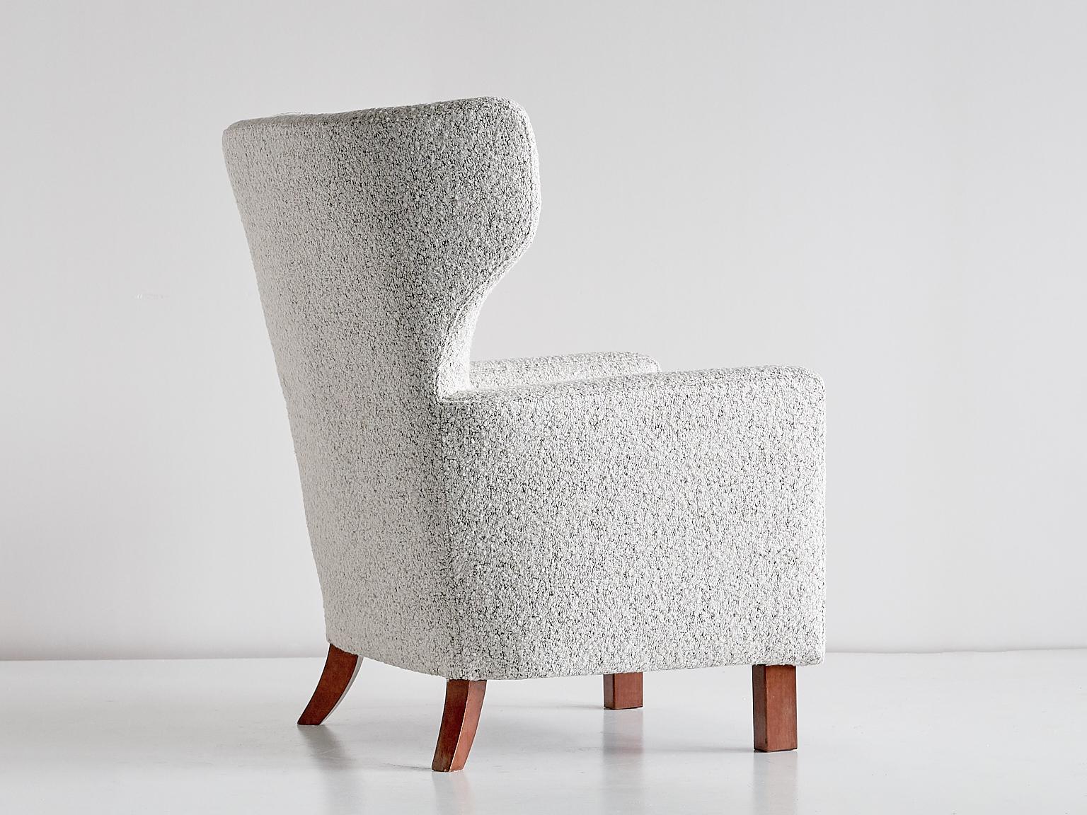 Paul Boman Wingback Chair in Pearl Bouclé Fabric and Beech, Finland, 1940s For Sale 2