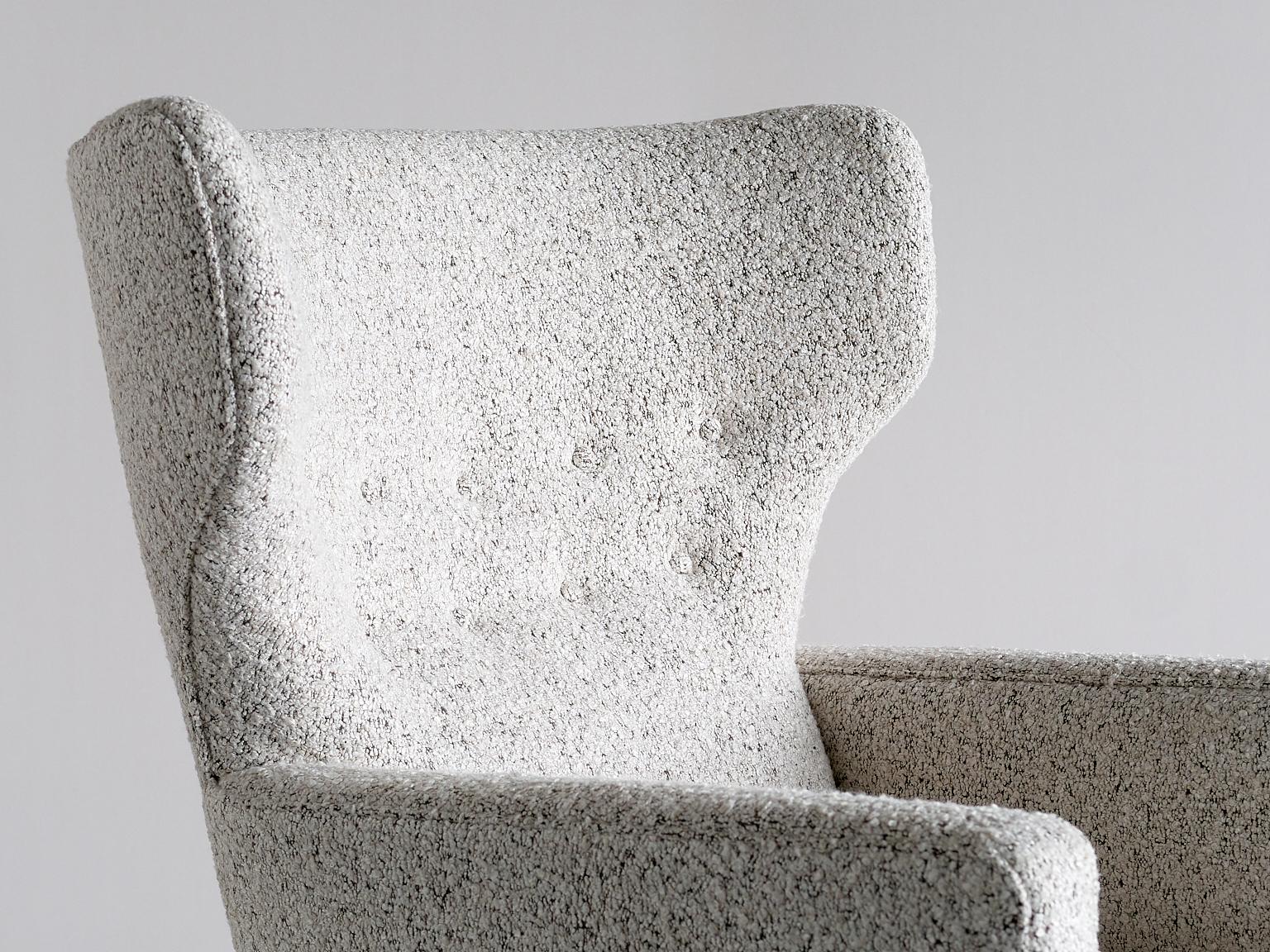 Scandinavian Modern Paul Boman Wingback Chair in Pearl Bouclé Fabric and Beech, Finland, 1940s For Sale