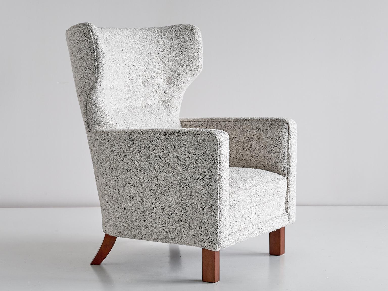 Finnish Paul Boman Wingback Chair in Pearl Bouclé Fabric and Beech, Finland, 1940s For Sale