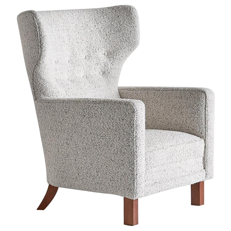 Paul Boman Wingback Chair in Pearl Bouclé Fabric and Beech, Finland, 1940s