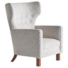 Vintage Paul Boman Wingback Chair in Pearl Bouclé Fabric and Beech, Finland, 1940s