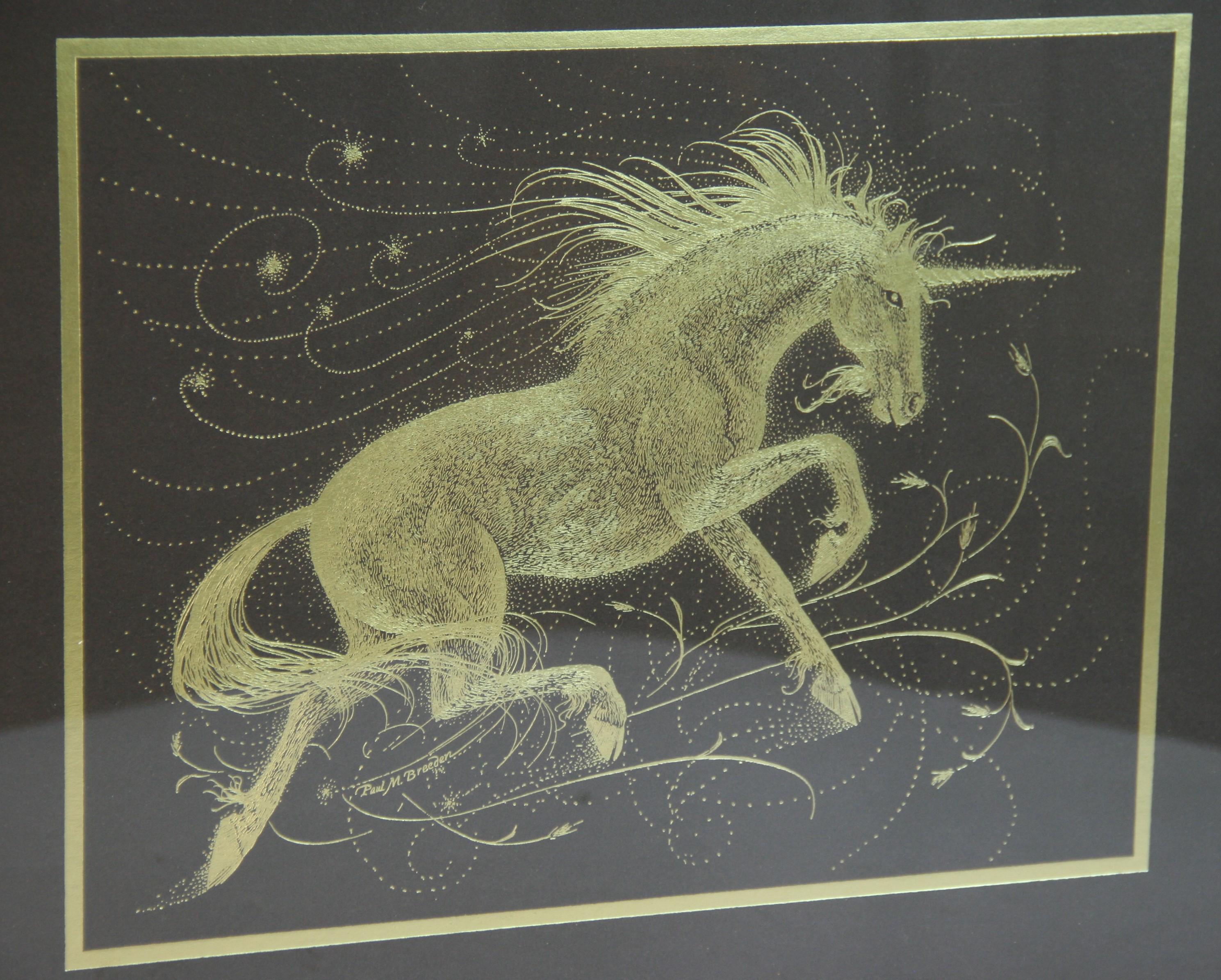 6095 Gold unicorn gold pen painting  Signed Paul Breeden
Wood frame image size 19.5x15.5