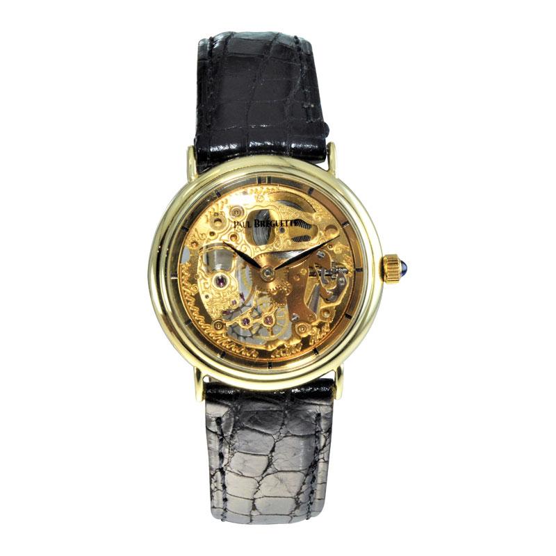 FACTORY / HOUSE: Paul Breguette
STYLE / REFERENCE: Round Skeleton 
METAL / MATERIAL: 14kt Solid Gold 
CIRCA / YEAR: 1960's
DIMENSIONS / SIZE: 36mm x 32mm
MOVEMENT / CALIBER: Manual Winding / 17 Jewels 
DIAL / HANDS: Skeleton with Baton