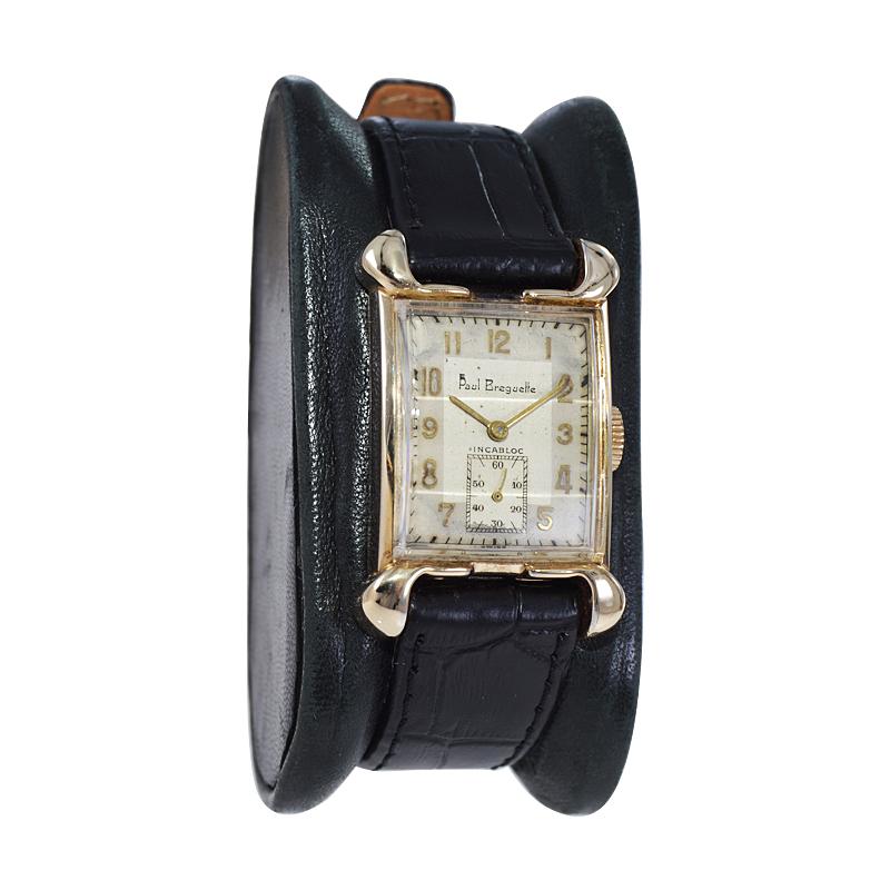FACTORY / HOUSE: Paul Breguette 
STYLE / REFERENCE: Tank Style / Art Deco
METAL / MATERIAL: Yellow Gold Filled
CIRCA / YEAR: 1940's
DIMENSIONS / SIZE: 36mm x 21mm
MOVEMENT / CALIBER: Manual Winding / 17 Jewels / Cal.PXT1220
DIAL / HANDS: Original