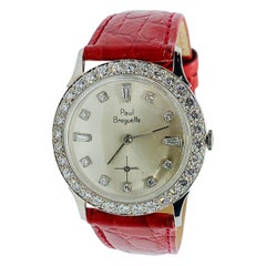 Vintage Paul Breguette Estate 14 Karat Gold and Diamond Tuxedo Watch with Leather Band