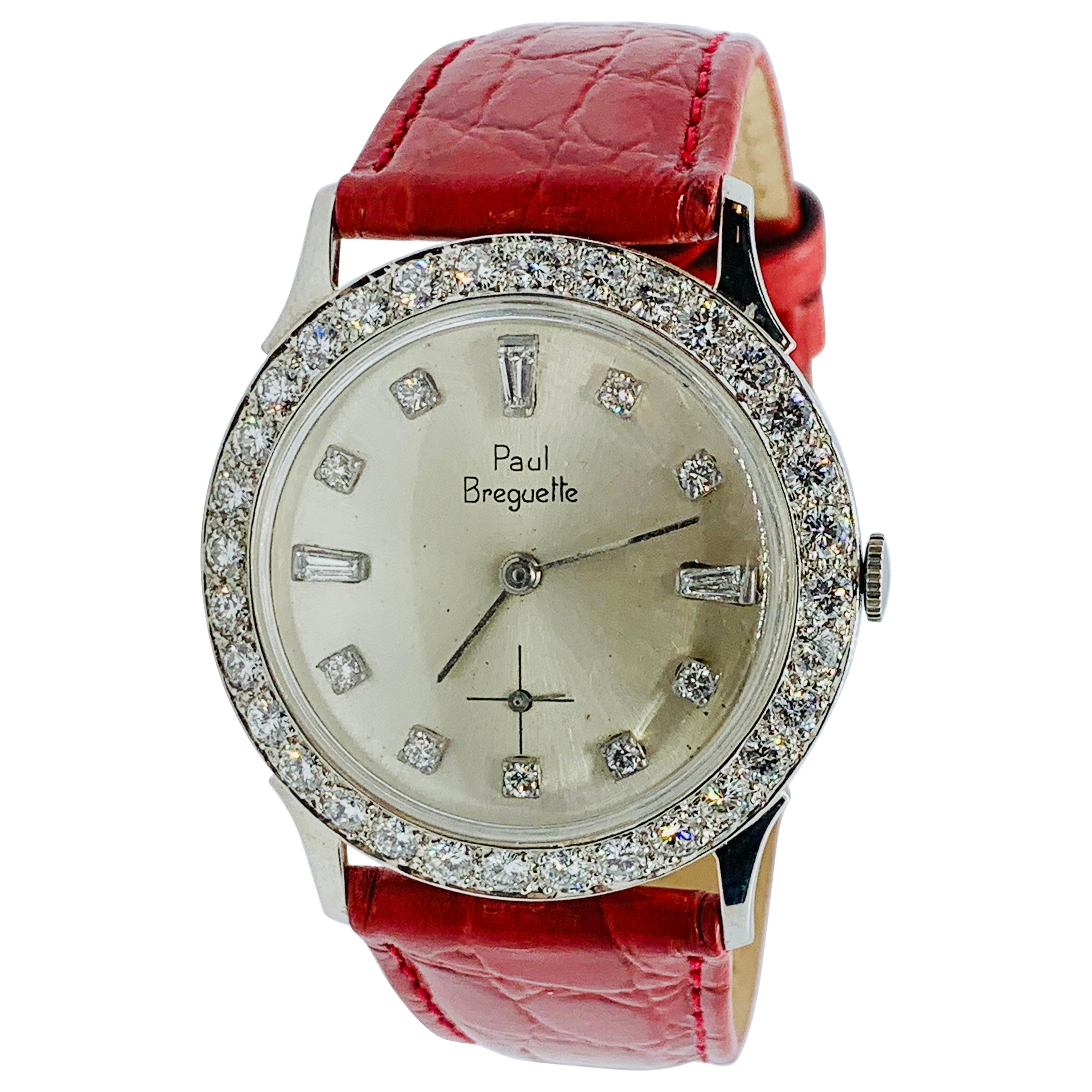Paul Breguette Estate 14 Karat Gold and Diamond Tuxedo Watch with Leather  Band at 1stDibs