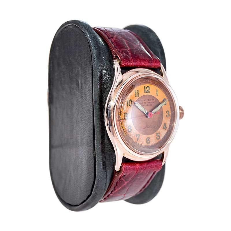 FACTORY / HOUSE: Paul Breguette
STYLE / REFERENCE: Art Deco / Round
METAL / MATERIAL: Rose Gold Filled 
CIRCA / YEAR: 1940's
DIMENSIONS / SIZE: Length 38mm X Diameter 32mm
MOVEMENT / CALIBER: Manual Winding / 17 Jewels 
DIAL / HANDS: Original Two