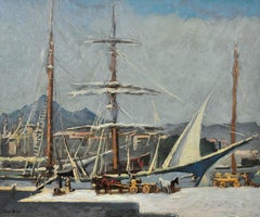 Pintura al óleo enmarcada del ajetreado puerto de Palermo, en Sicilia, con barcos de carga navegando, circa 1930