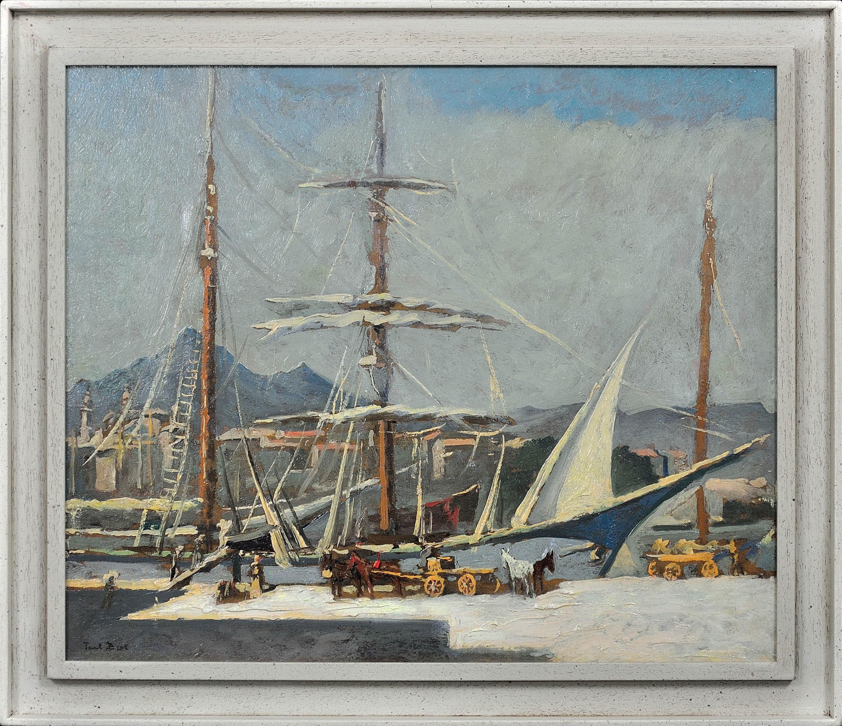 Paul Bret Landscape Painting - Busy Palermo Harbour, Sicily Sailing Cargo Ships Framed Oil Painting Circa 1930