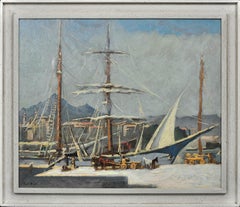 Pintura al óleo enmarcada del ajetreado puerto de Palermo, en Sicilia, con barcos de carga navegando, circa 1930