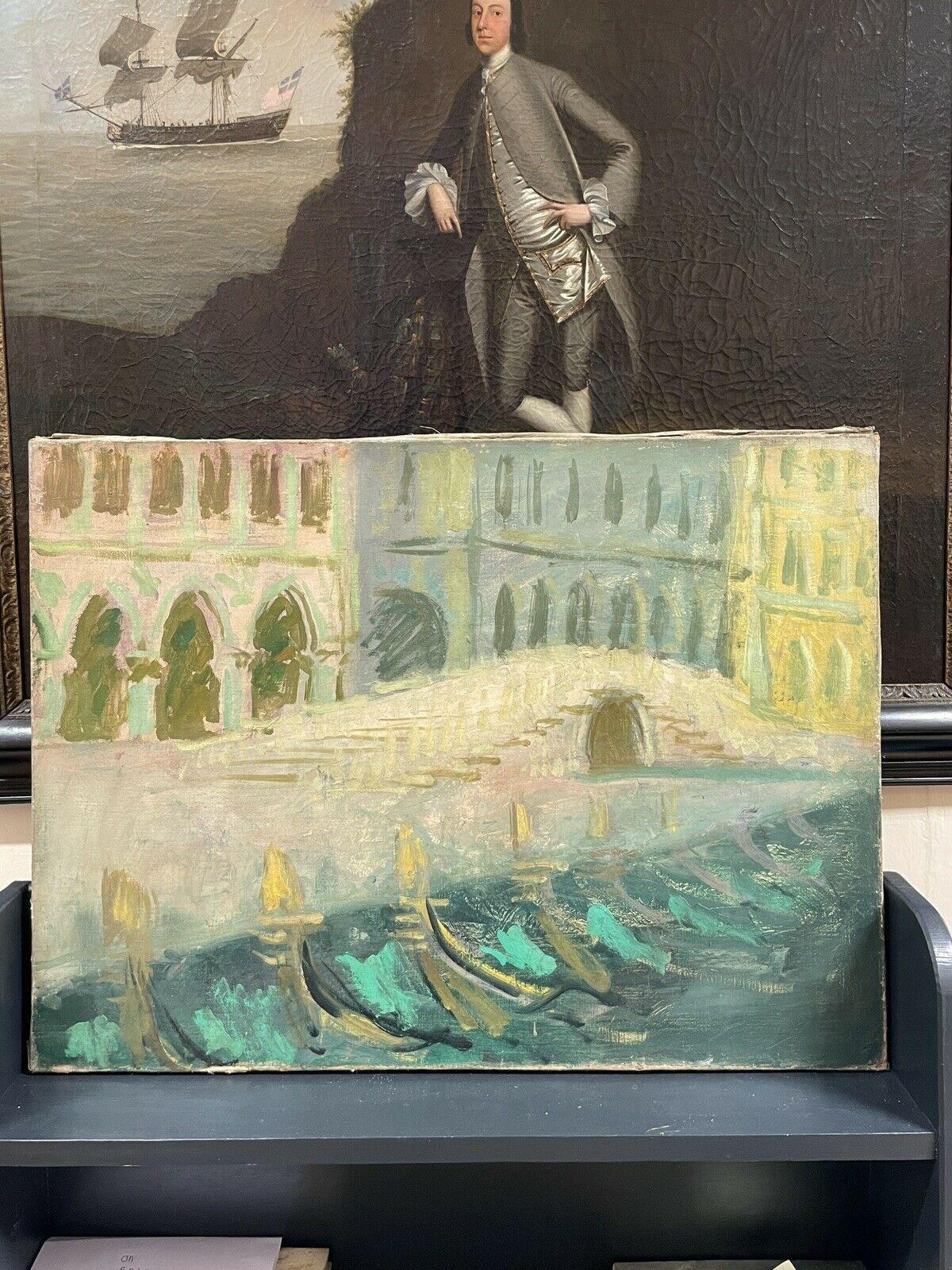 Mid Century Large Impressionist Oil Venetian Canal with Gondolas Green colors - Painting by Paul Bret