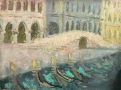 Mid Century Large Impressionist Oil Venetian Canal with Gondolas Green colors
