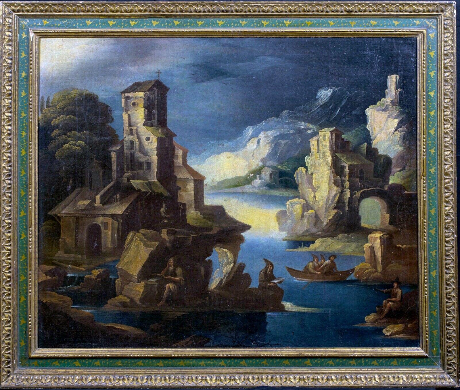 Monks In A Capriccio Rocky Landscape, 16th Century - Painting by Unknown