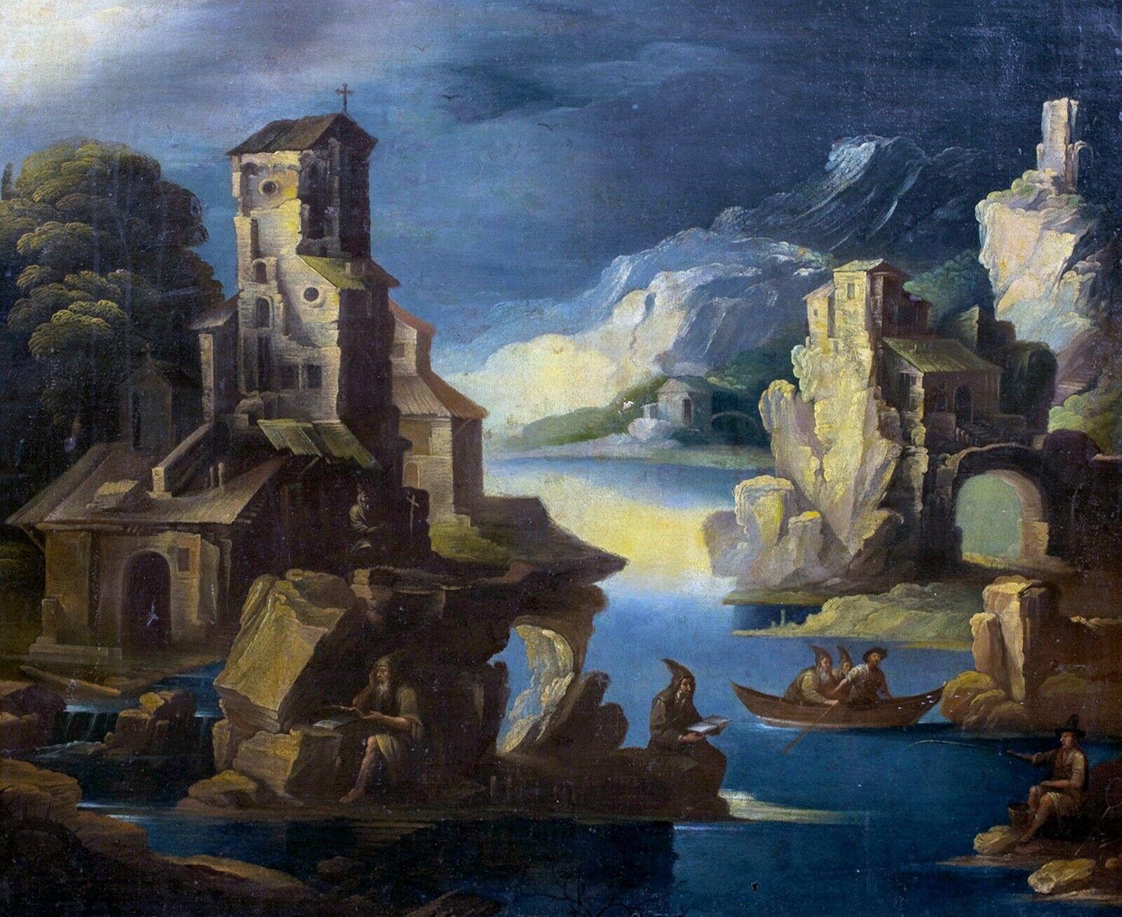 Unknown Landscape Painting - Monks In A Capriccio Rocky Landscape, 16th Century