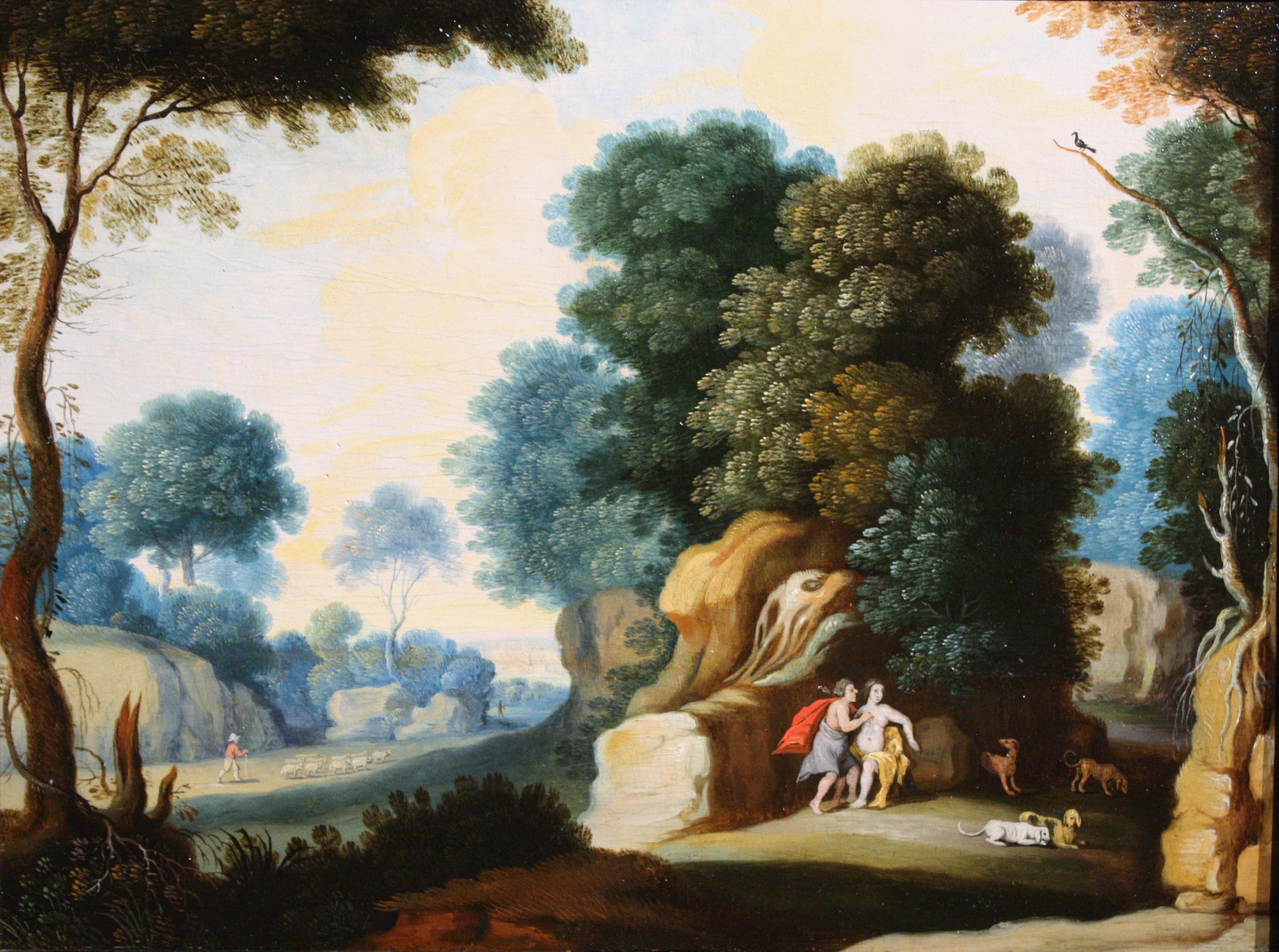 Paysage avec personnages, atelier de Paul Bril, école italienne 17ème siècle en vente 1
