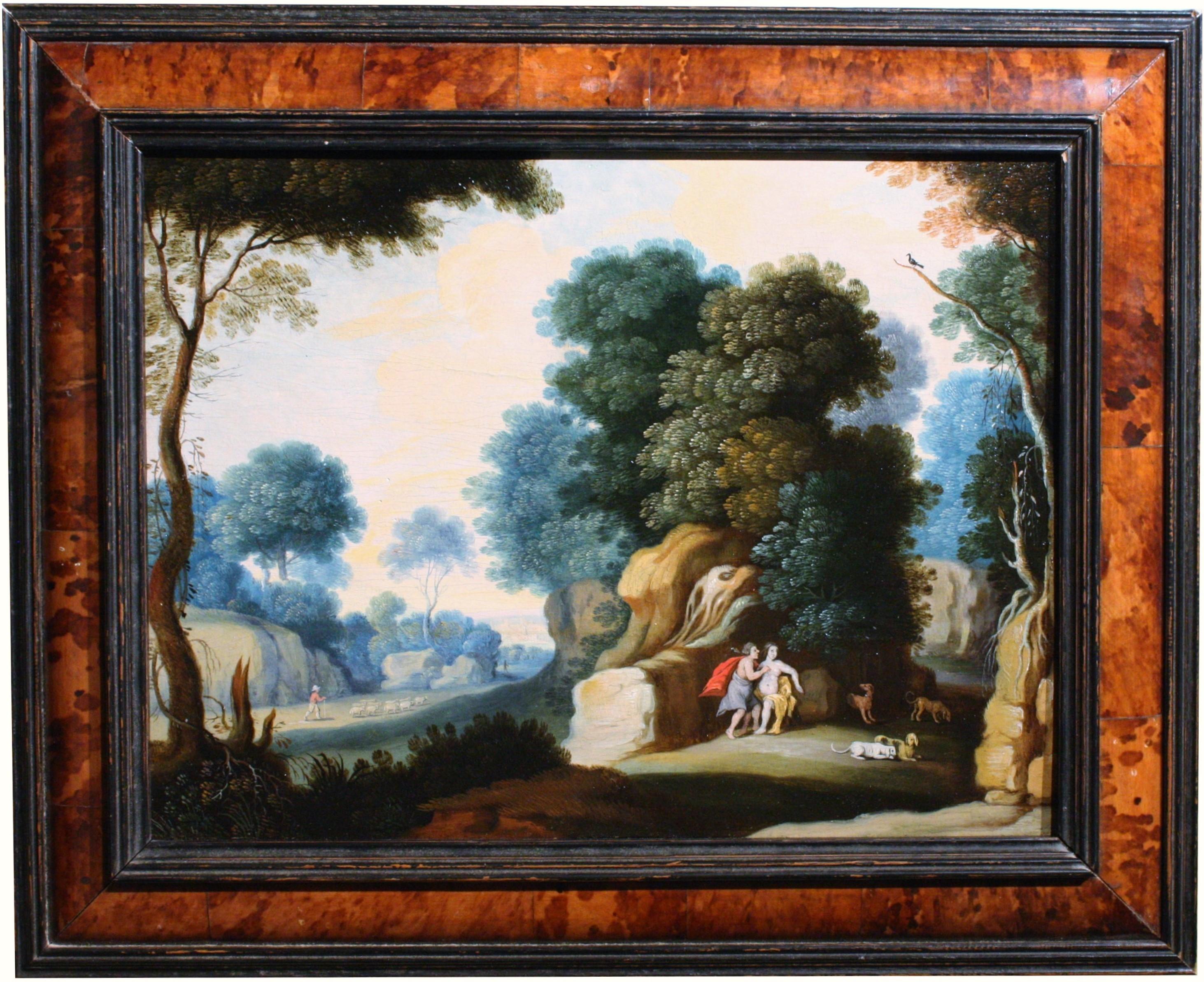 Idyllic landscape with myhological story of Cephalus and Procris
Early 17th century Italian school
Workshop Of Paul Bril (Antwerp, 1554 - Roma, 1626)
Oil on poplar panel: H. 28 cm (11 in.), W. 36.5 (14.17)
With a beautiful brown wood veneered