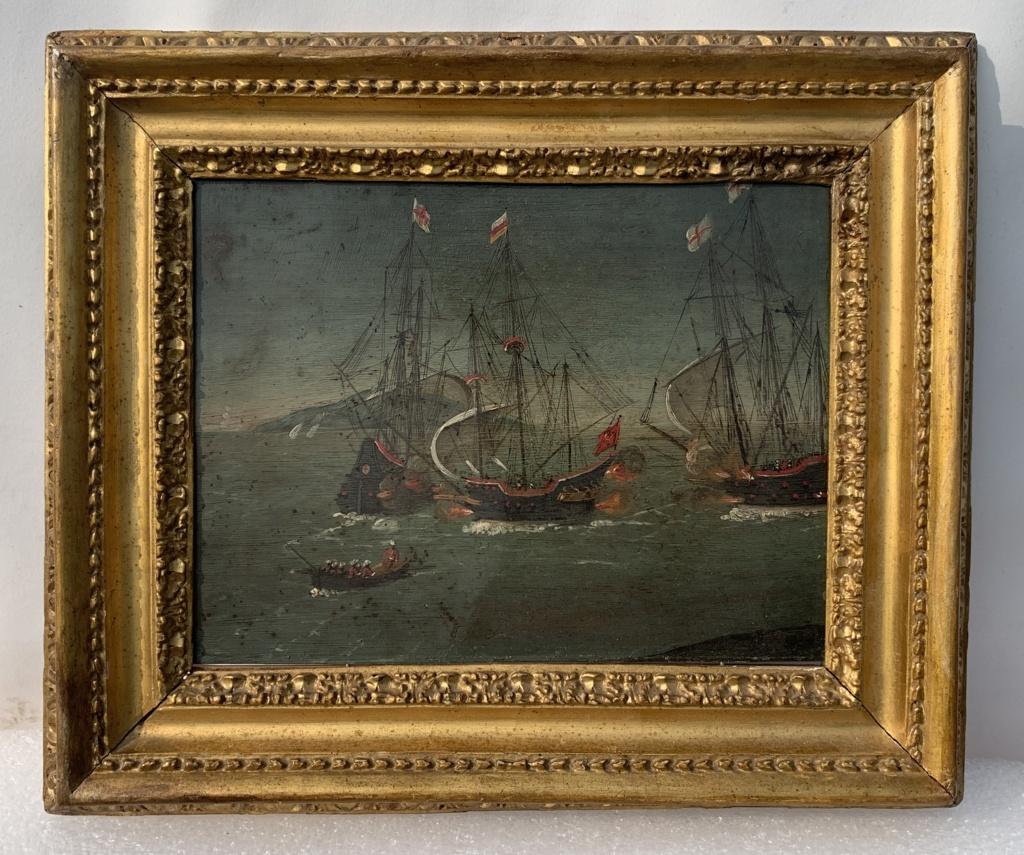Follower of Paul Bril (Antwerp, c. 1650) - Naval battle.

17 x 22 cm without frame, 27.5 x 32.5 cm with frame.

Oil on copper, in carved and gilded wooden frames.

Condition report: Good state of conservation of the pictorial surface, there are