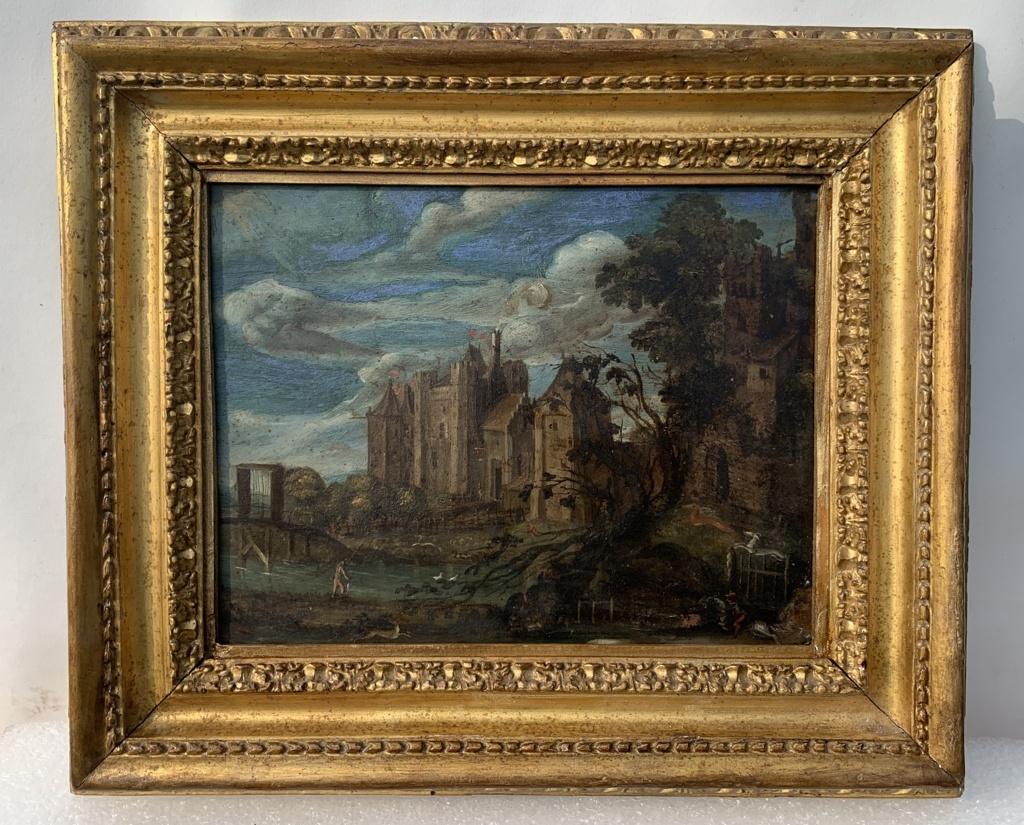 Follower of Paul Bril (Antwerp, c. 1650) - Deer hunting.

17 x 22 cm without frame, 27.5 x 32.5 cm with frame.

Oil on copper, in carved and gilded wooden frames.

Condition report: Good state of conservation of the pictorial surface, there are