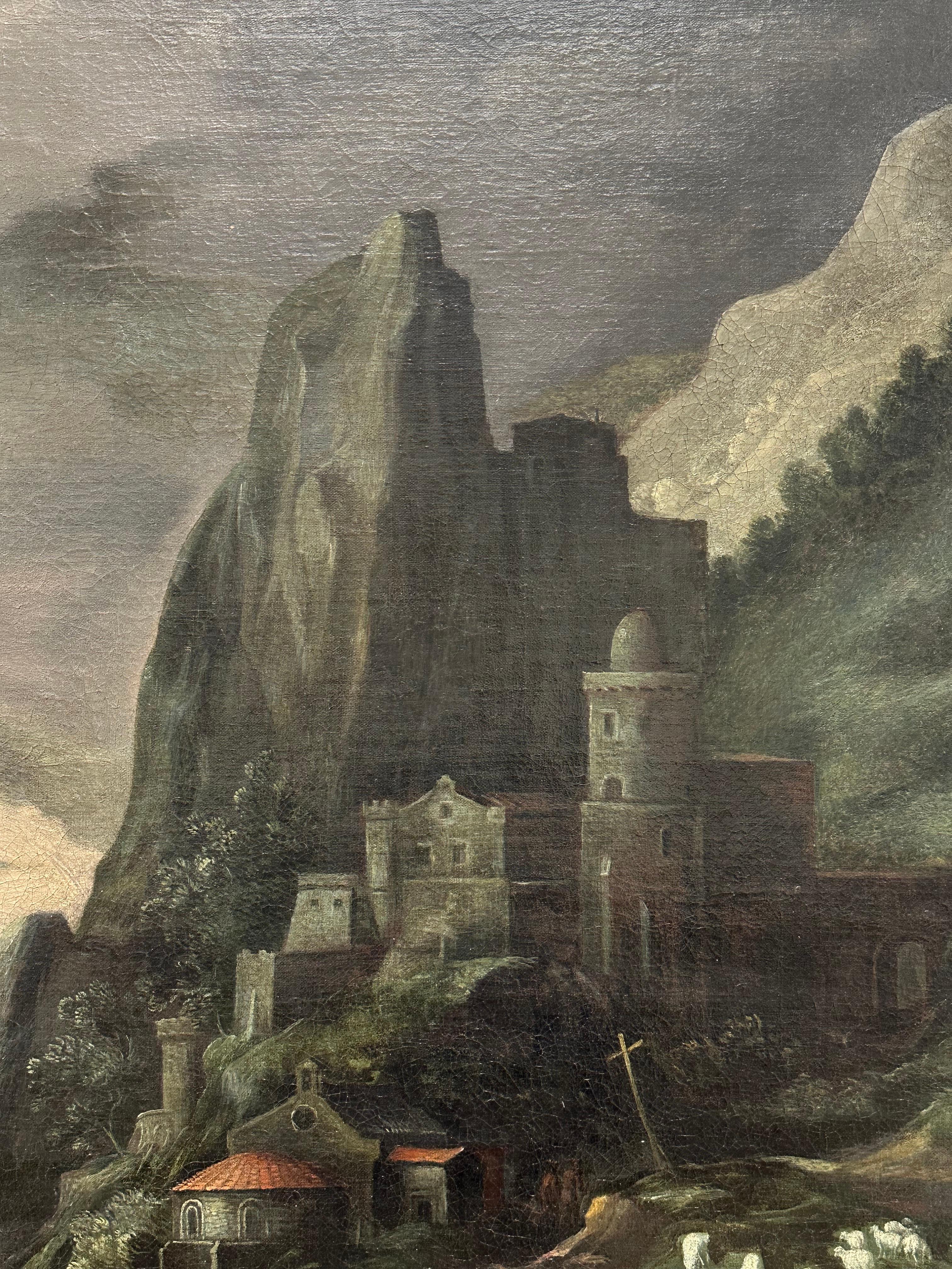 Enorme dipinto ad olio del 1600 del maestro fiammingo Tobias e l'angelo, paesaggio barocco in vendita 6