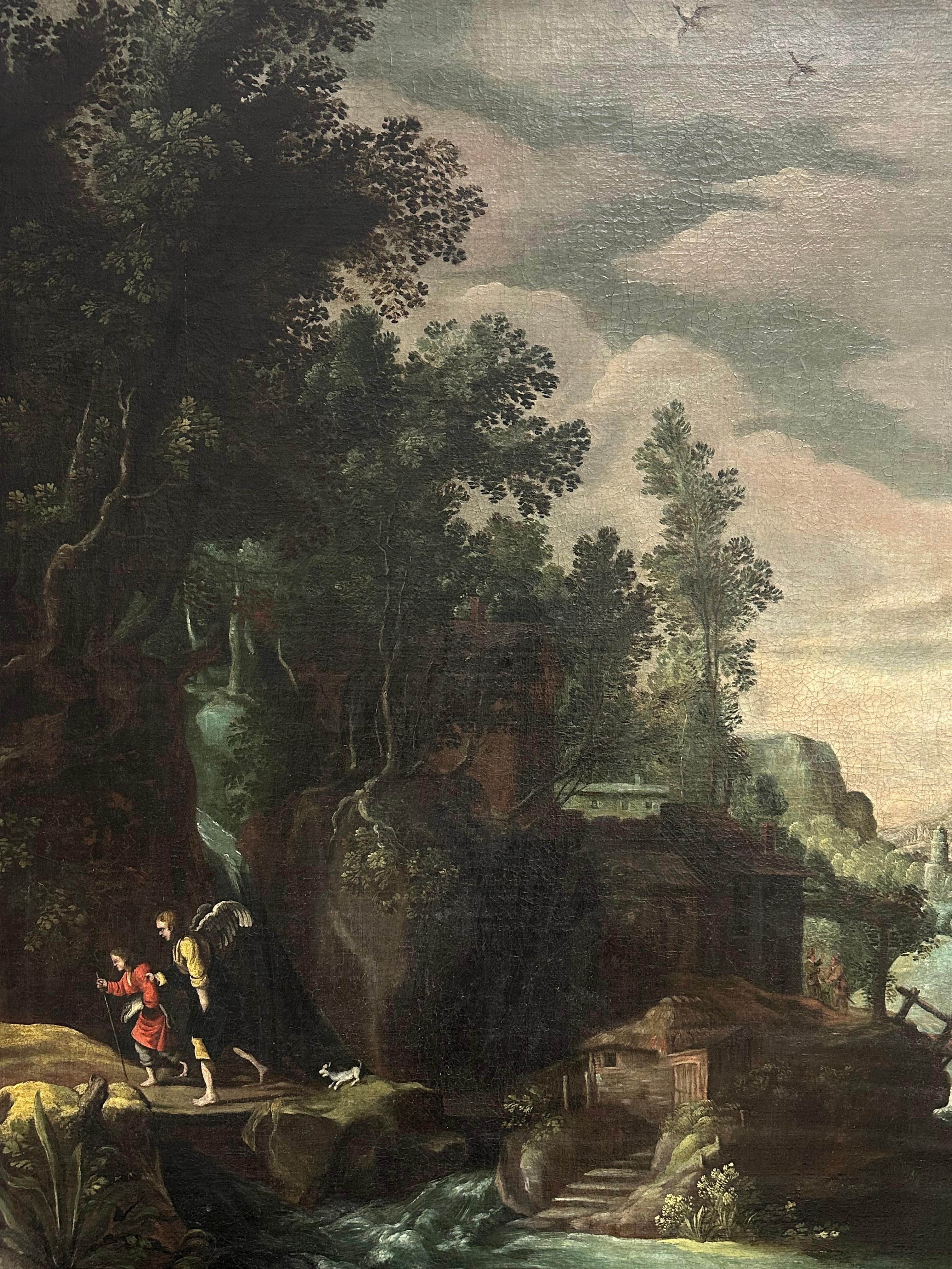 Enorme dipinto ad olio del 1600 del maestro fiammingo Tobias e l'angelo, paesaggio barocco - Painting di Paul Brill