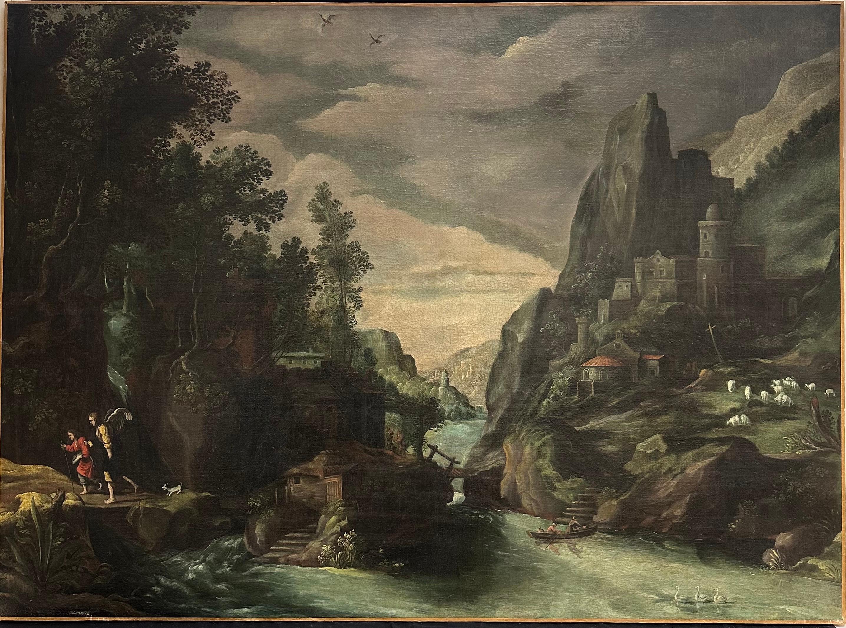 Enorme dipinto ad olio del 1600 del maestro fiammingo Tobias e l'angelo, paesaggio barocco - Painting Barocco di Paul Brill