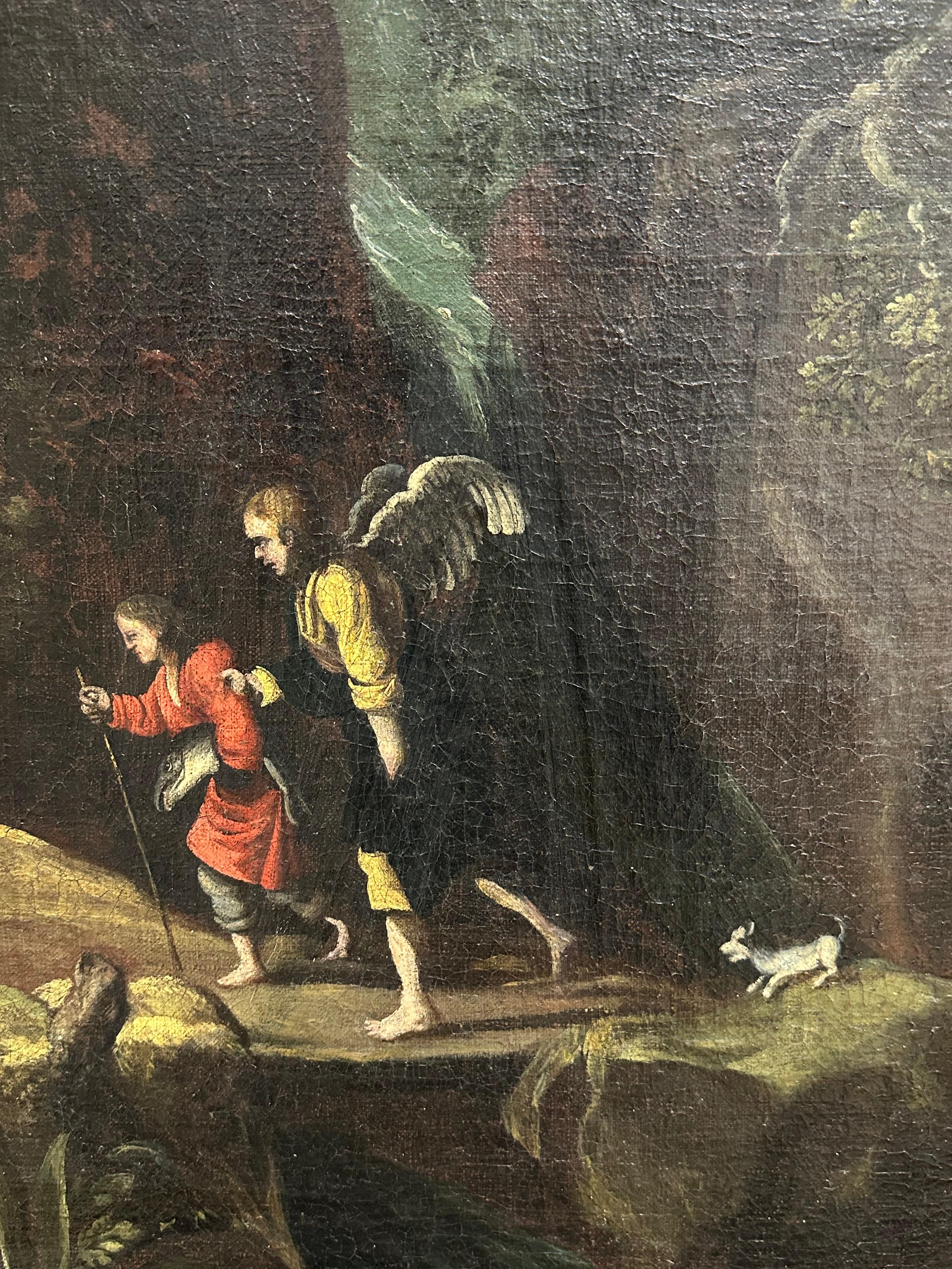 Enorme dipinto ad olio del 1600 del maestro fiammingo Tobias e l'angelo, paesaggio barocco - Figurative Painting Grigio di Paul Brill