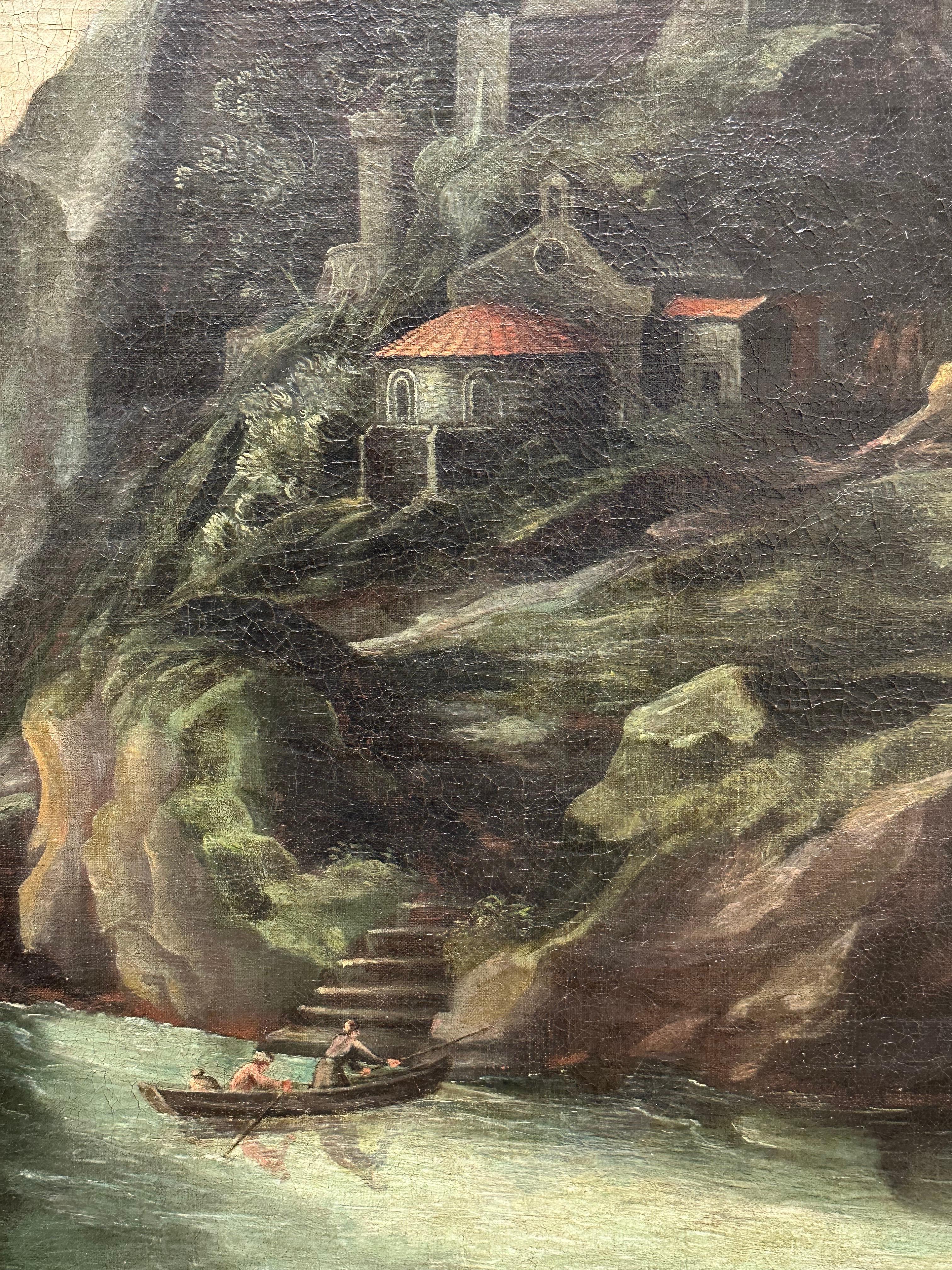 Enorme dipinto ad olio del 1600 del maestro fiammingo Tobias e l'angelo, paesaggio barocco in vendita 3