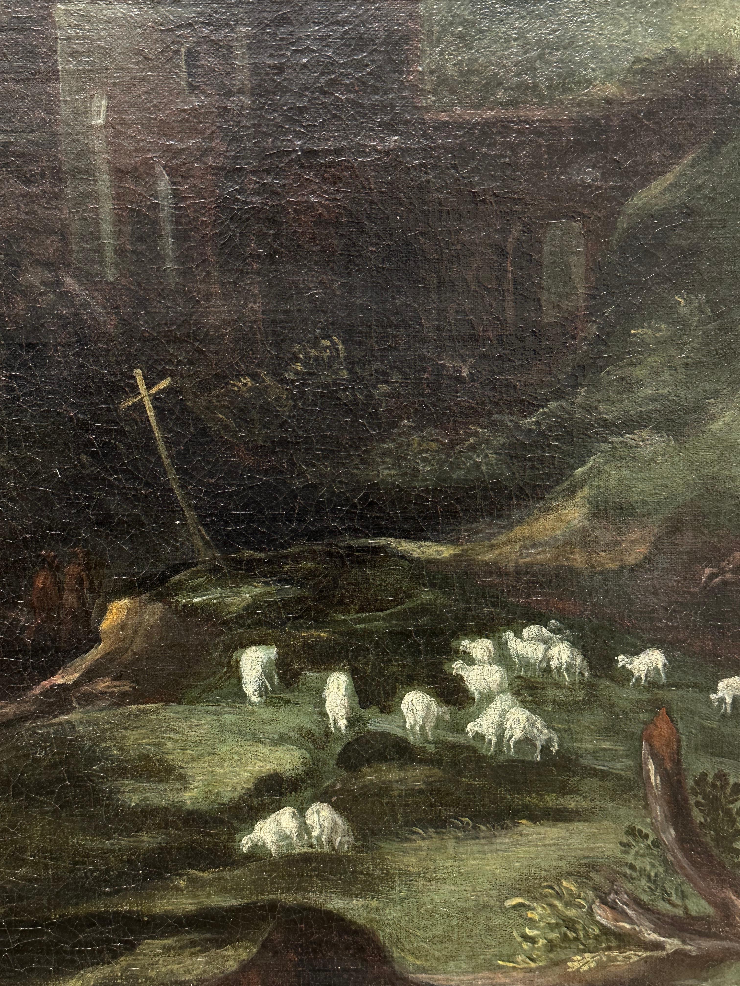 Enorme dipinto ad olio del 1600 del maestro fiammingo Tobias e l'angelo, paesaggio barocco in vendita 4