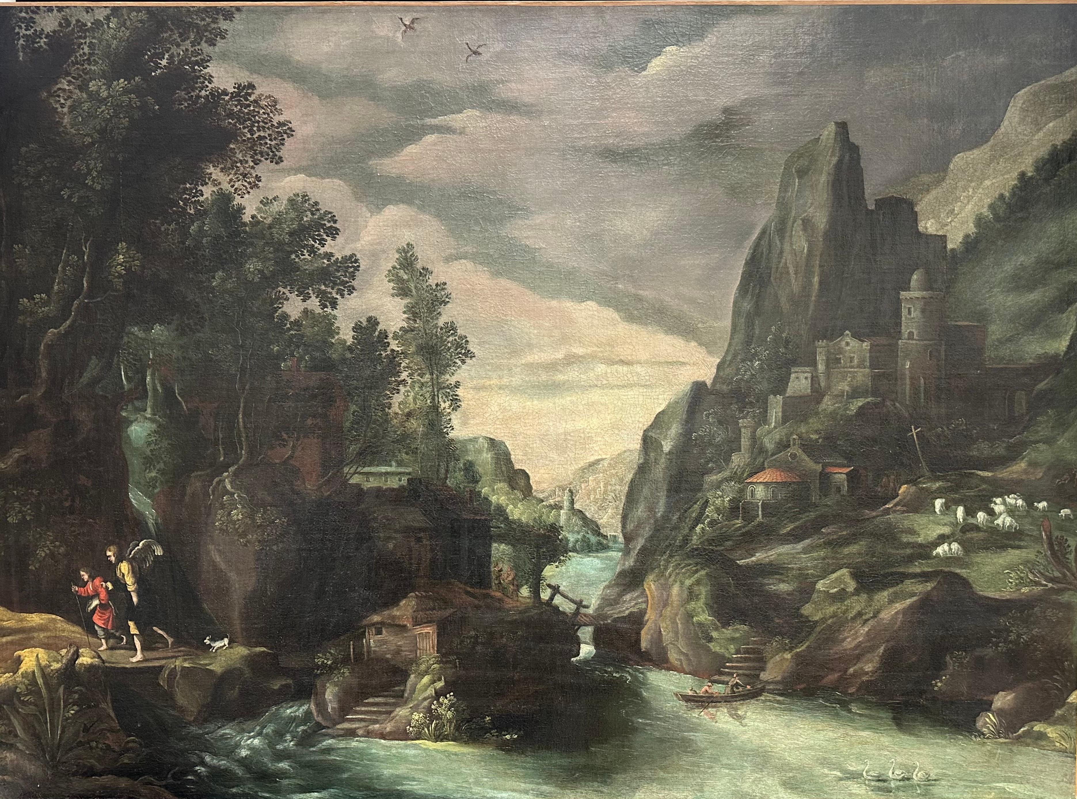 Figurative Painting di Paul Brill - Enorme dipinto ad olio del 1600 del maestro fiammingo Tobias e l'angelo, paesaggio barocco