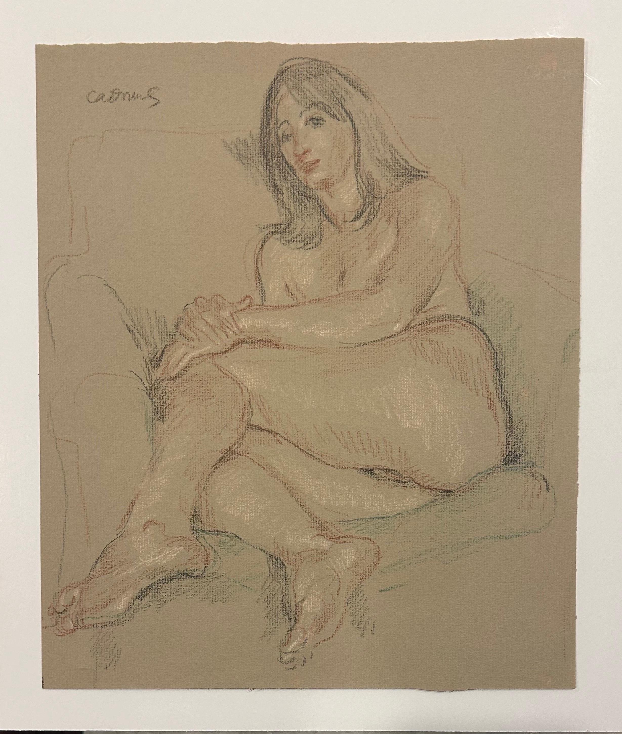Paul Cadmus 1904-1999.American Reclining Female Nude crayon on paper c1960s For Sale 7