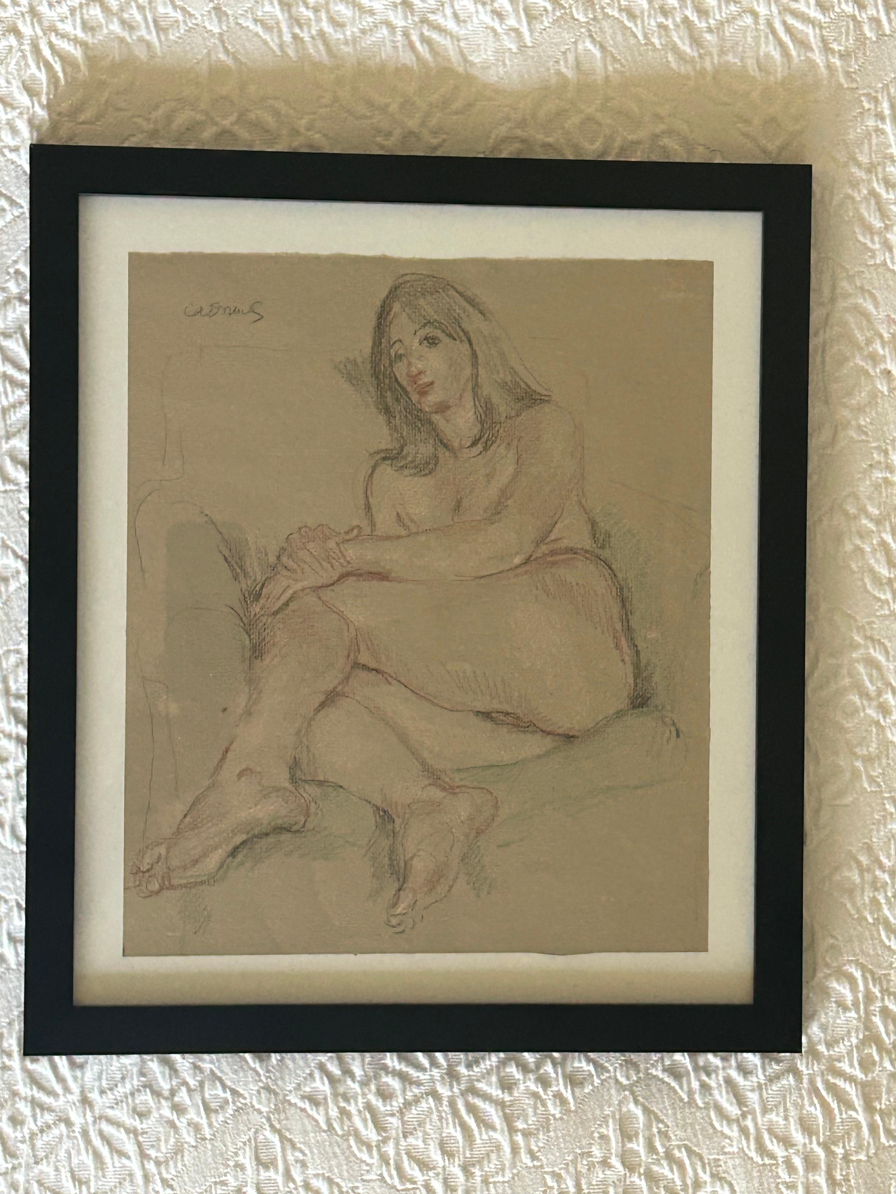 Reclining female nude  in an upholstered club chair .on paper ,done with colored crayon.. signed in black upper left and in yellow upper right .. The drawing was observed out of frame with no issues… No smudging, crisp and clean… The back of the