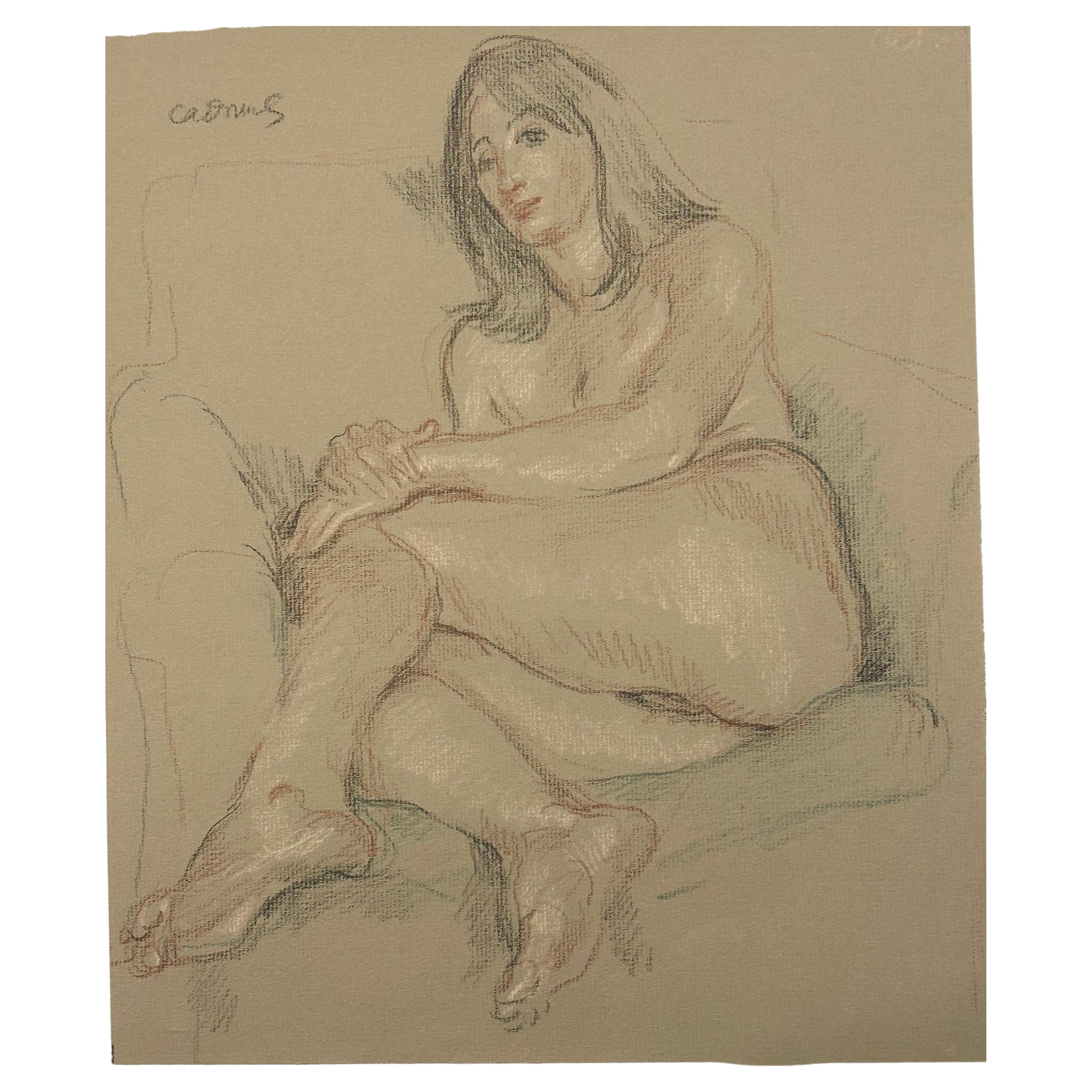 Paul Cadmus 1904-1999.American Reclining Female Nude crayon on paper c1960s For Sale