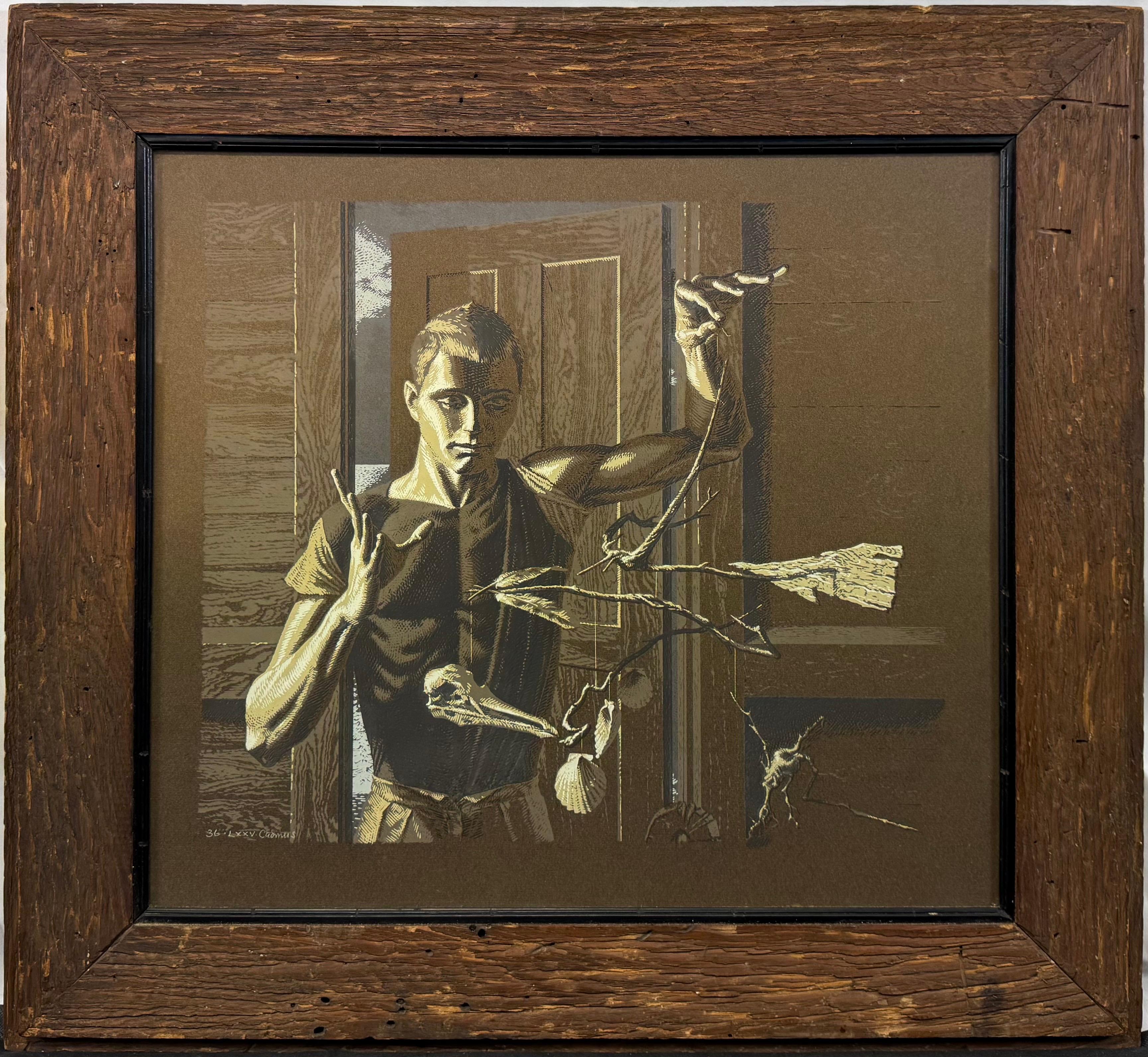 “Mobile (The Inventor), 1953” by Paul Cadmus (American, 1904-1999).

A figure painter known from the 1930s on for his baldly satirical commentaries on human appetites and desires, Cadmus was throughout a master draftsman. Although he undertook