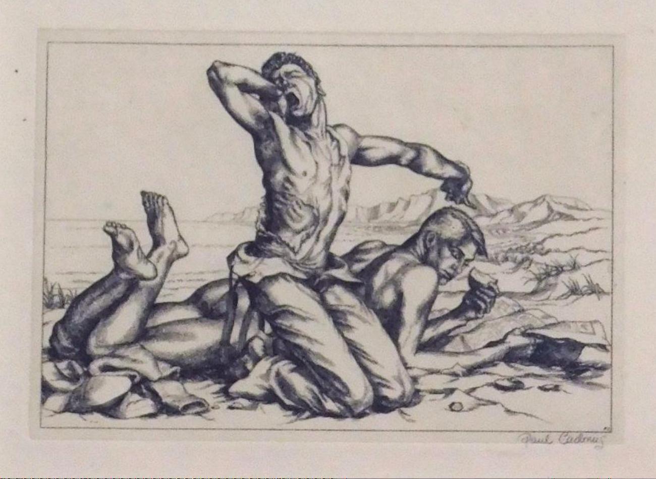 Acquaforte originale in ottime condizioni dell'artista newyorkese Paul Cadmus (1904-1999).
Firmato a matita in basso a destra. Creato nel 1938. 
Viene presentato in una semplice cornice nera, opacizzata in modo archivistico. 
Titolo: "Due ragazzi su