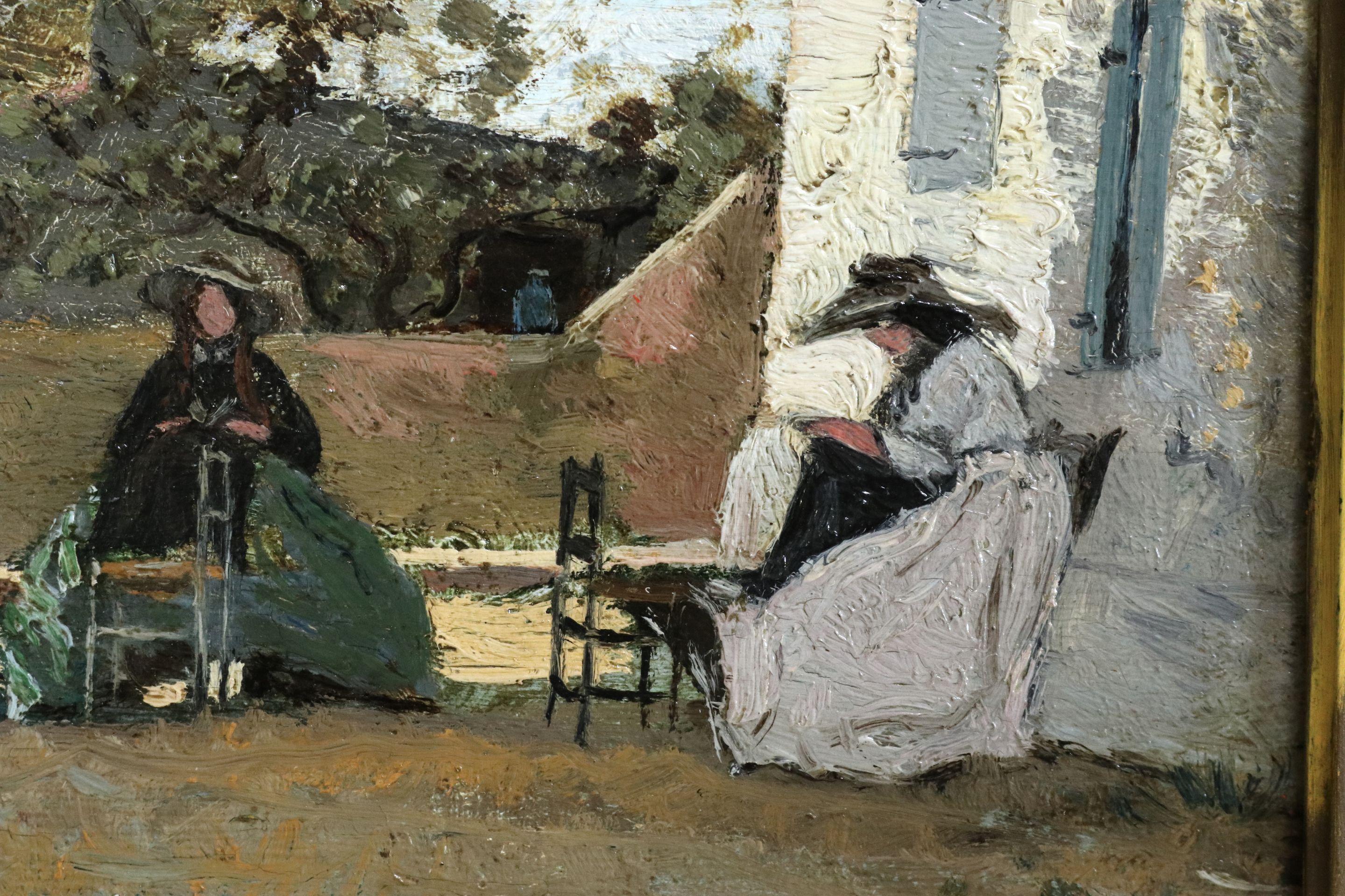 Deux couseuses sur une terrasse en Provence - 19th Century Women Sewing P Guigou - Painting by Paul Camille Guigou