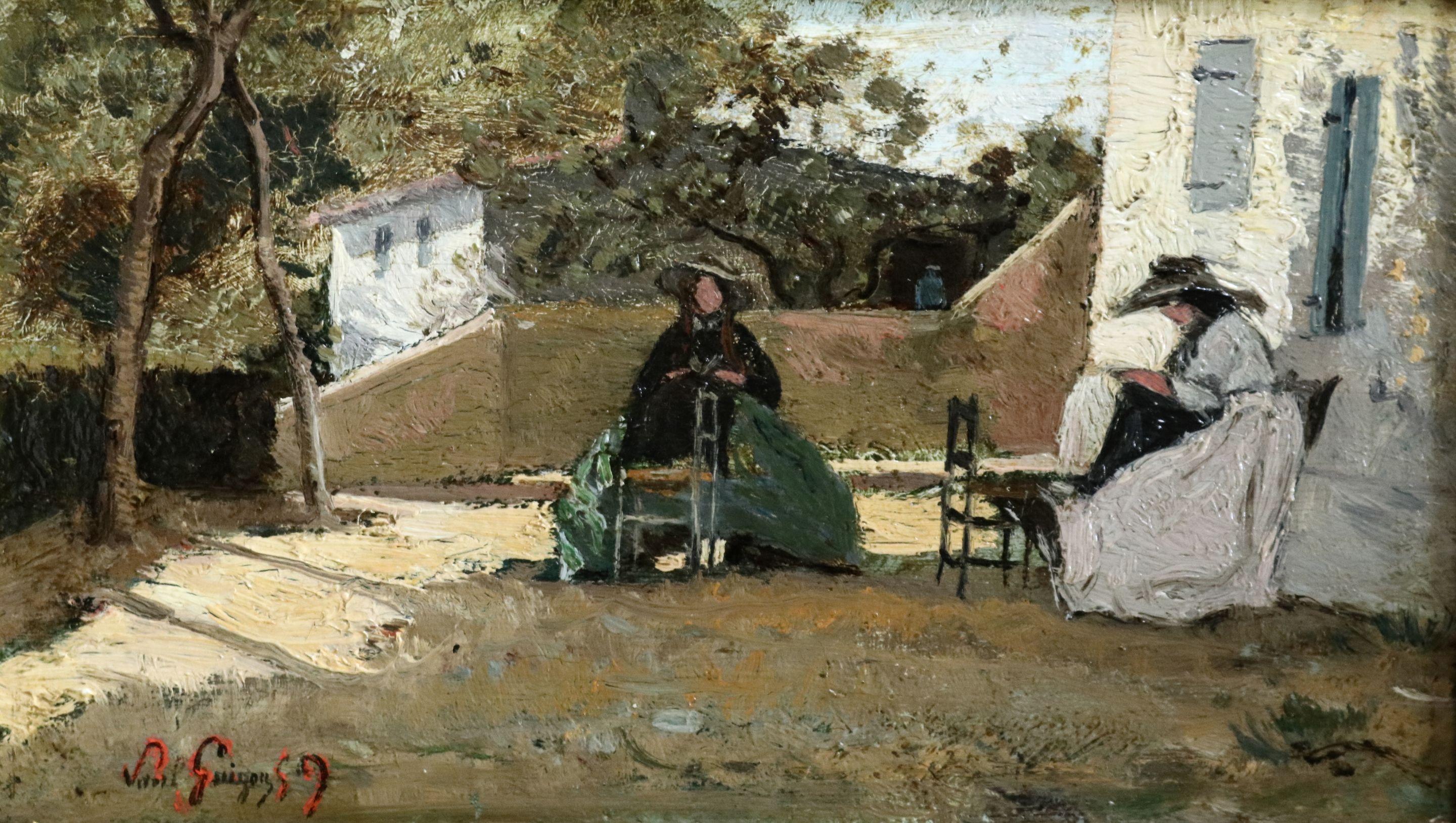 Paul Camille Guigou Figurative Painting - Deux couseuses sur une terrasse en Provence - 19th Century Women Sewing P Guigou