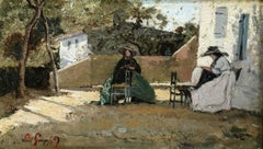 Deux couseuses sur une terrasse en Provence - 19th Century Women Sewing P Guigou