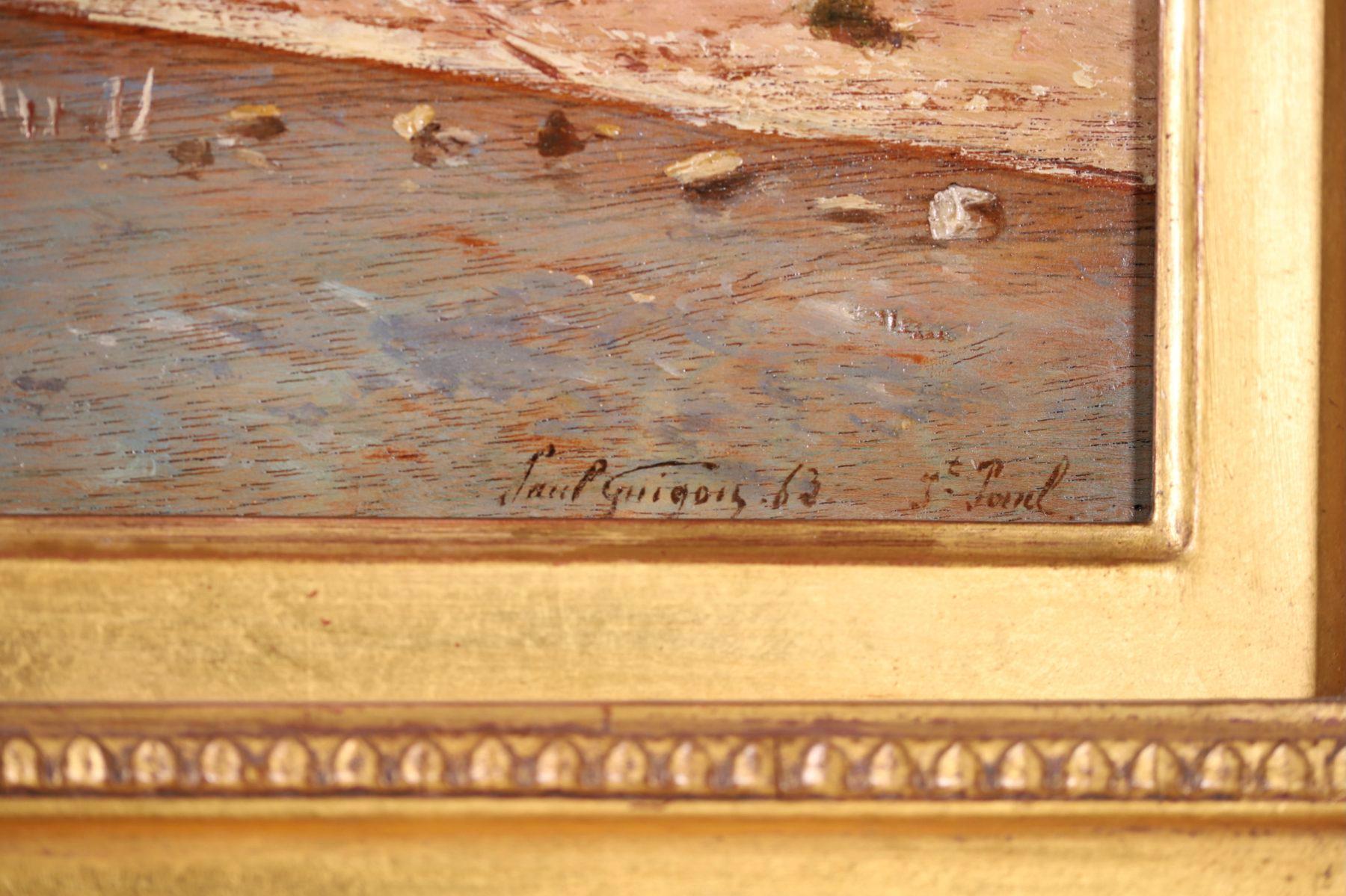 Signed impressionist riverscape oil on panel dated 1863 by sought after French painter Paul Camille Guigou. The piece depicts a view of the river in Saint-Paul-lès-Durance in Bouche-due-Rhone in the South of France on a warm summer's day. The blue