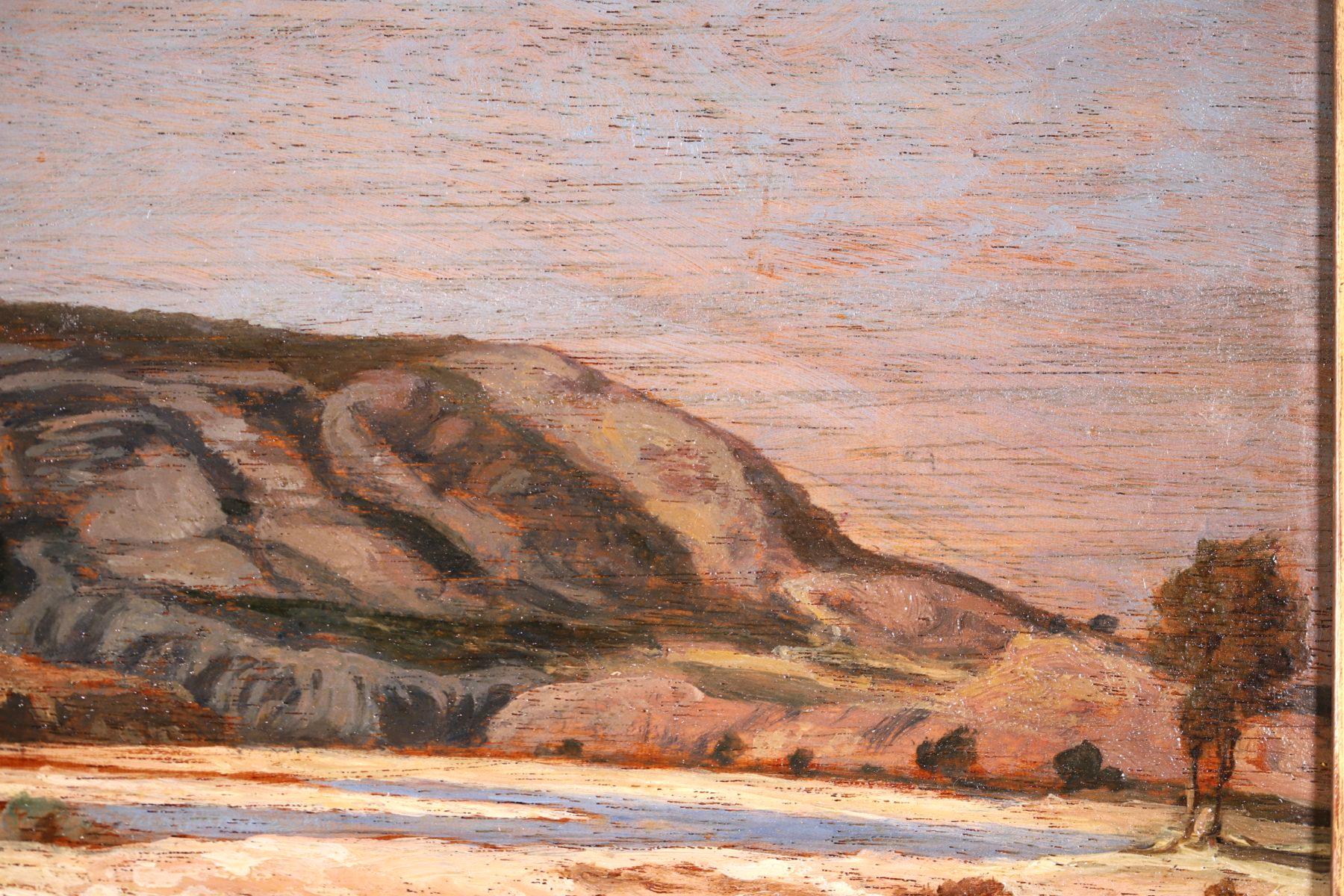 Paysage fluvial impressionniste signé, huile sur panneau datée de 1863 par le peintre français recherché Paul Camille Guigou. Cette pièce représente une vue de la rivière à Saint-Paul-ls-Durance à Bouche-due-Rhone, dans le sud de la France, par une