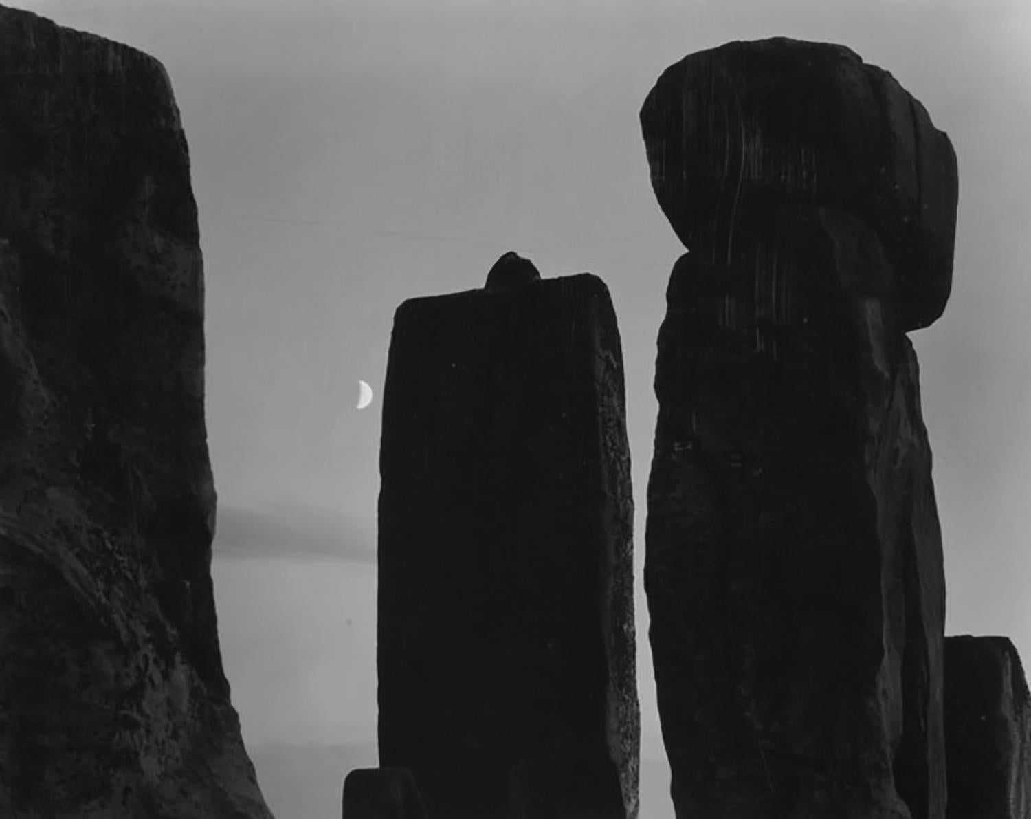 Paul Caponigro, Stonehenge with Moon, England, 1972, 6.5 x 8.25, silver gelatin print. Signed, titled and dated on mount recto. Excellent condition