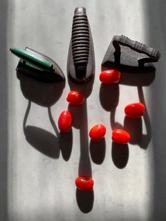 Irons and Tomatoes: still life color photograph w/ abstract shadow patterns, lg