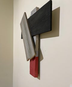 Abstract 3D wall sculpture "Wood Work" #1233, layered collage aesthetic with red