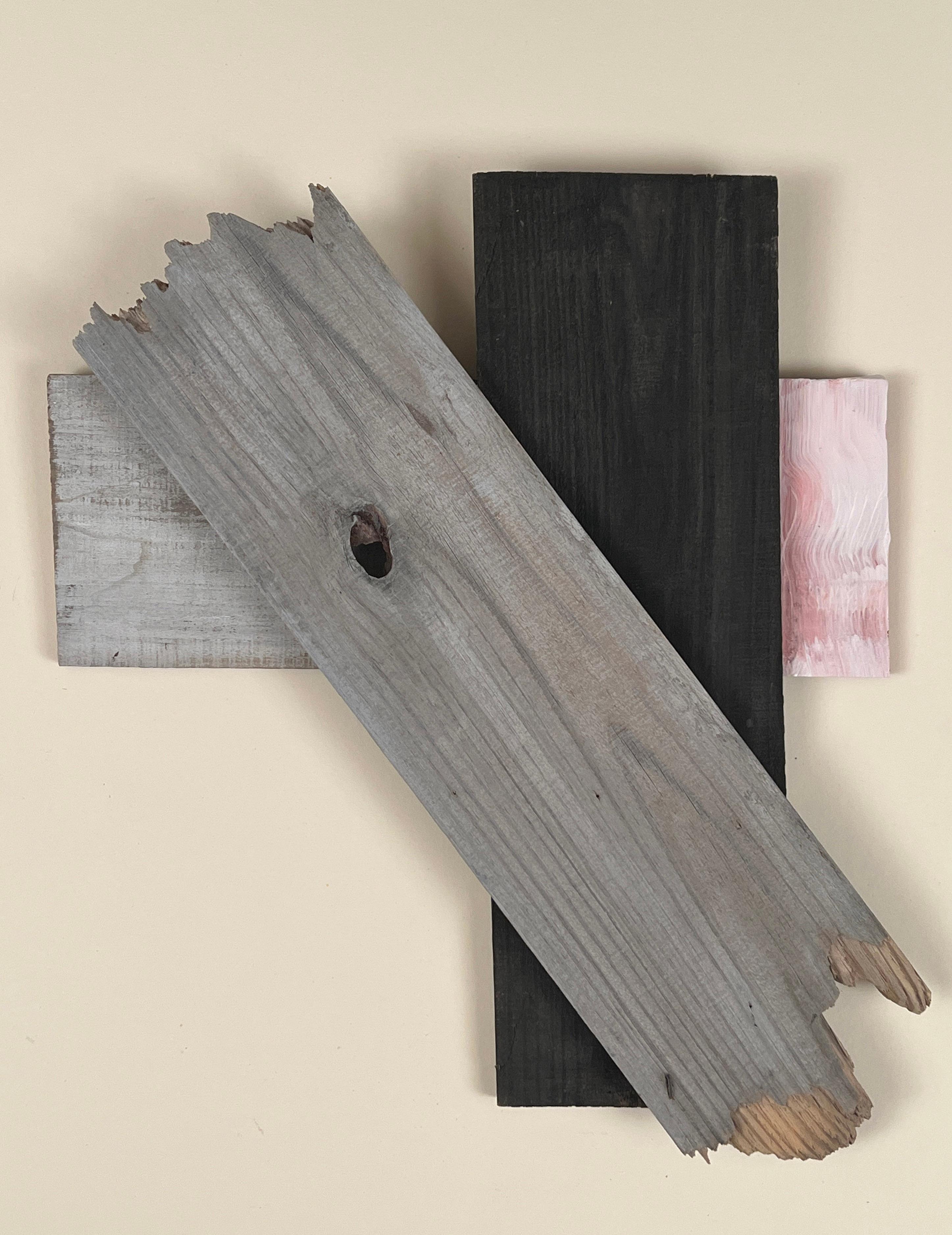 Abstract 3D wall sculpture "Wood Work" #1235, layered collage aesthetic w/ pink