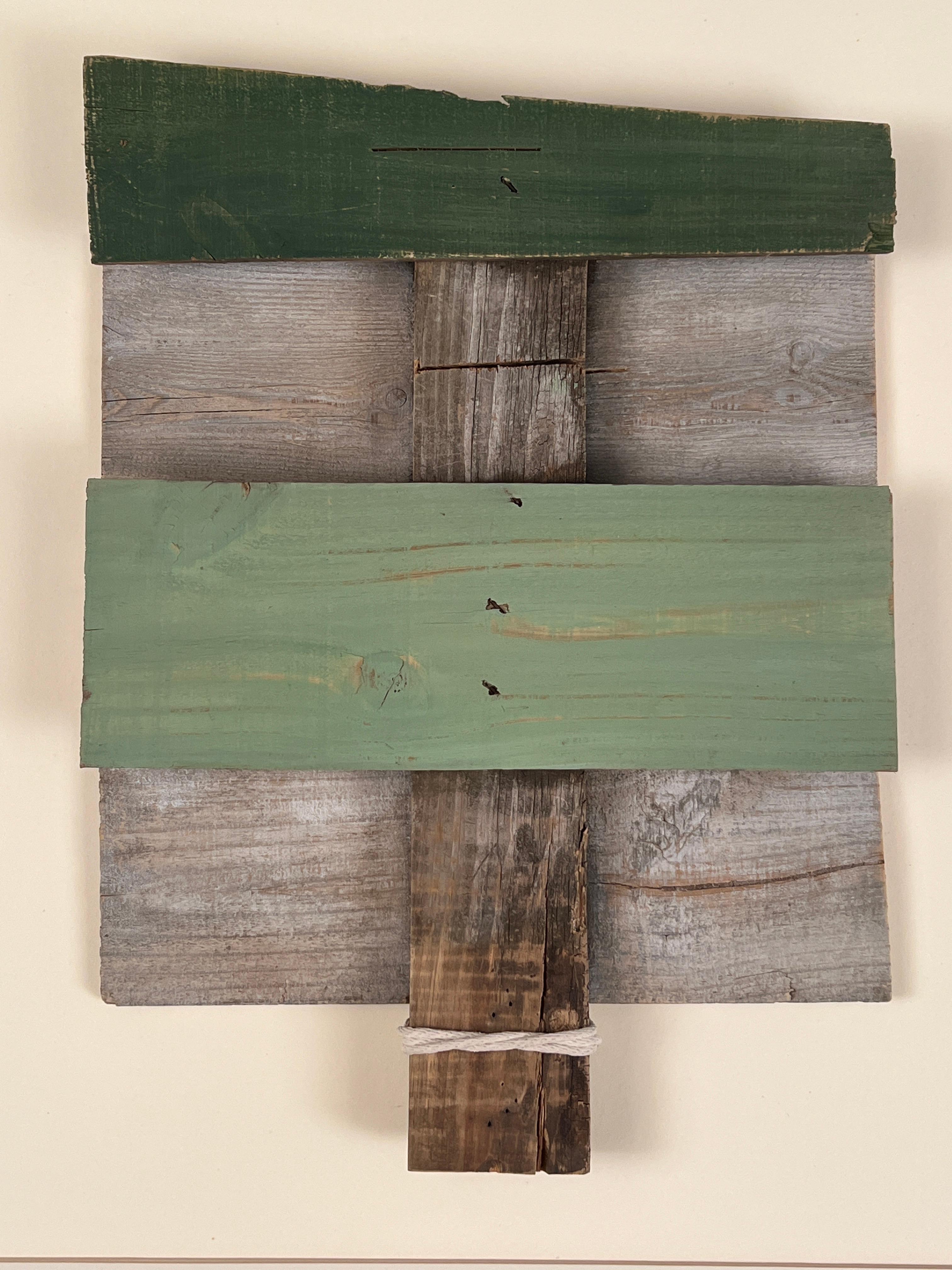 Paul Cava Figurative Sculpture - Abstract 3D wall sculpture "Wood Work" #1275, layered collage aesthetic w/ green