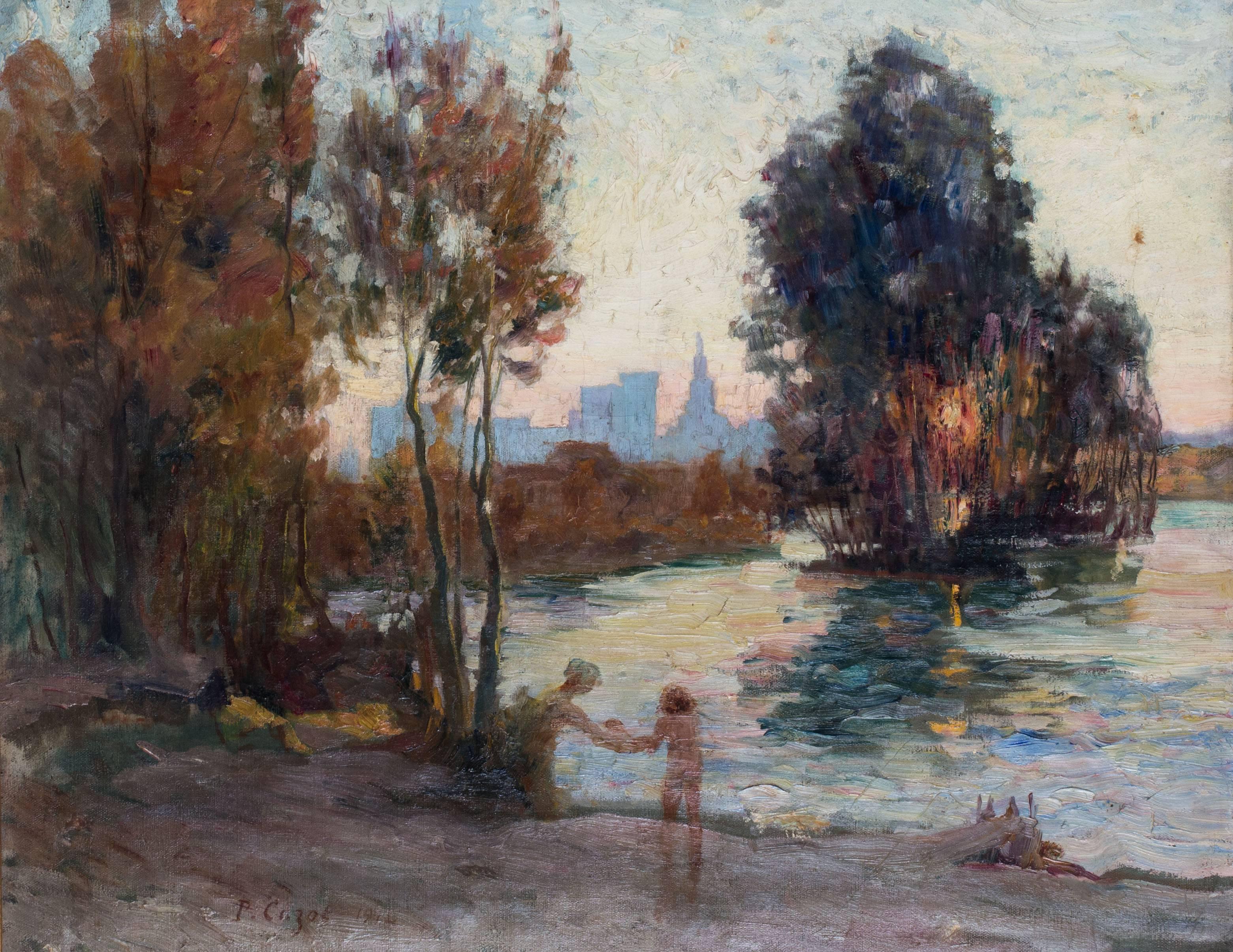 1914 Französisches impressionistisches Landschaftsgemälde des Flusses Rhone in Avignon (Impressionismus), Painting, von Paul Cazot