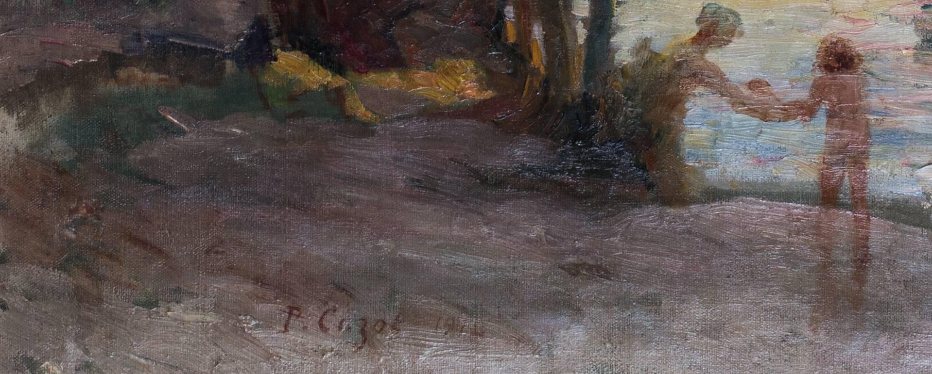 1914 Französisches impressionistisches Landschaftsgemälde des Flusses Rhone in Avignon (Braun), Landscape Painting, von Paul Cazot