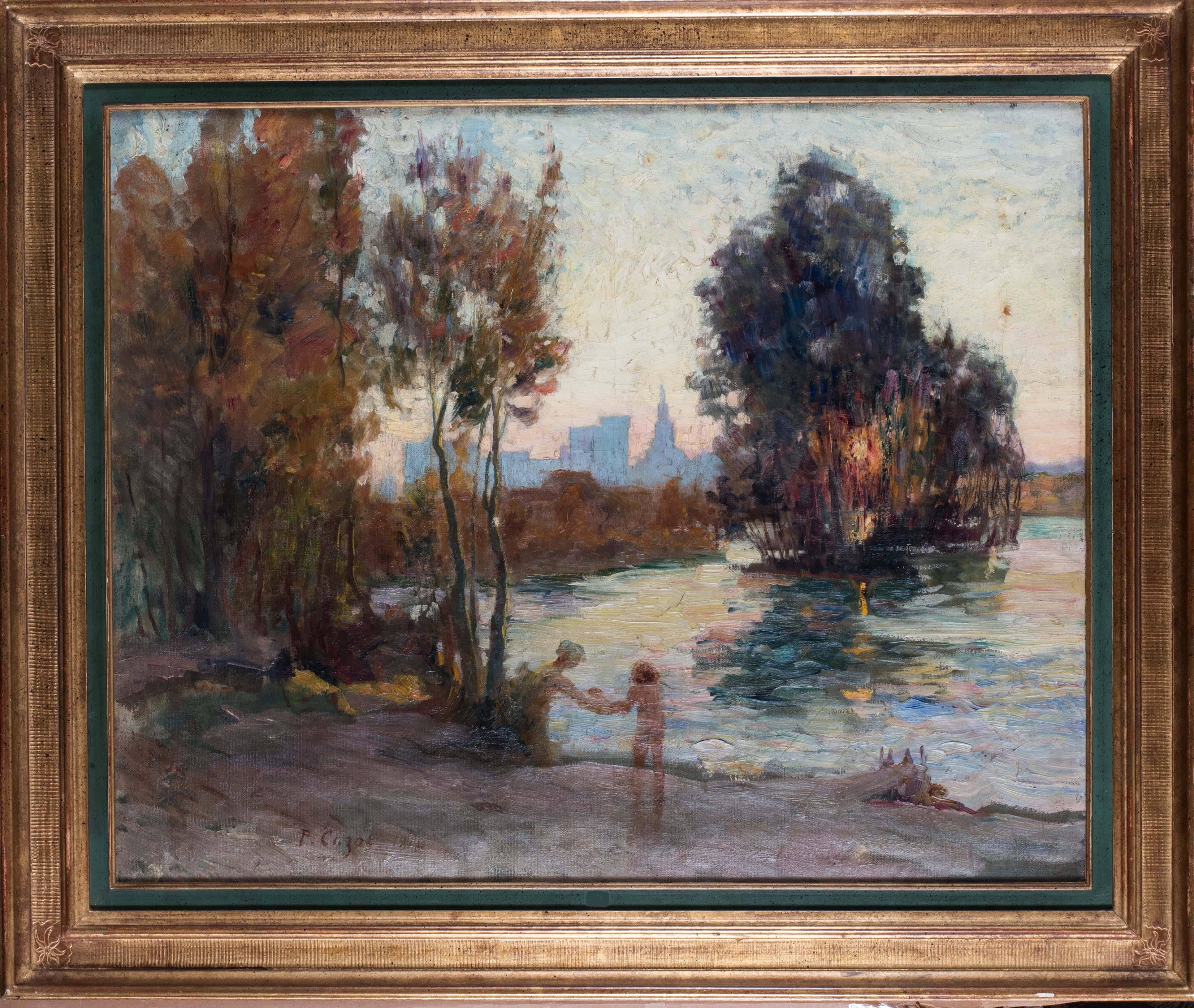 1914 French Impressionist landscape oil painting of the River Rhone in Avignon