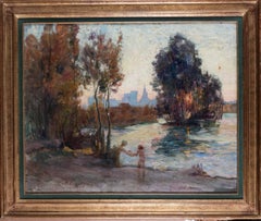 Antique 1914 French Impressionist landscape oil painting of the River Rhone in Avignon